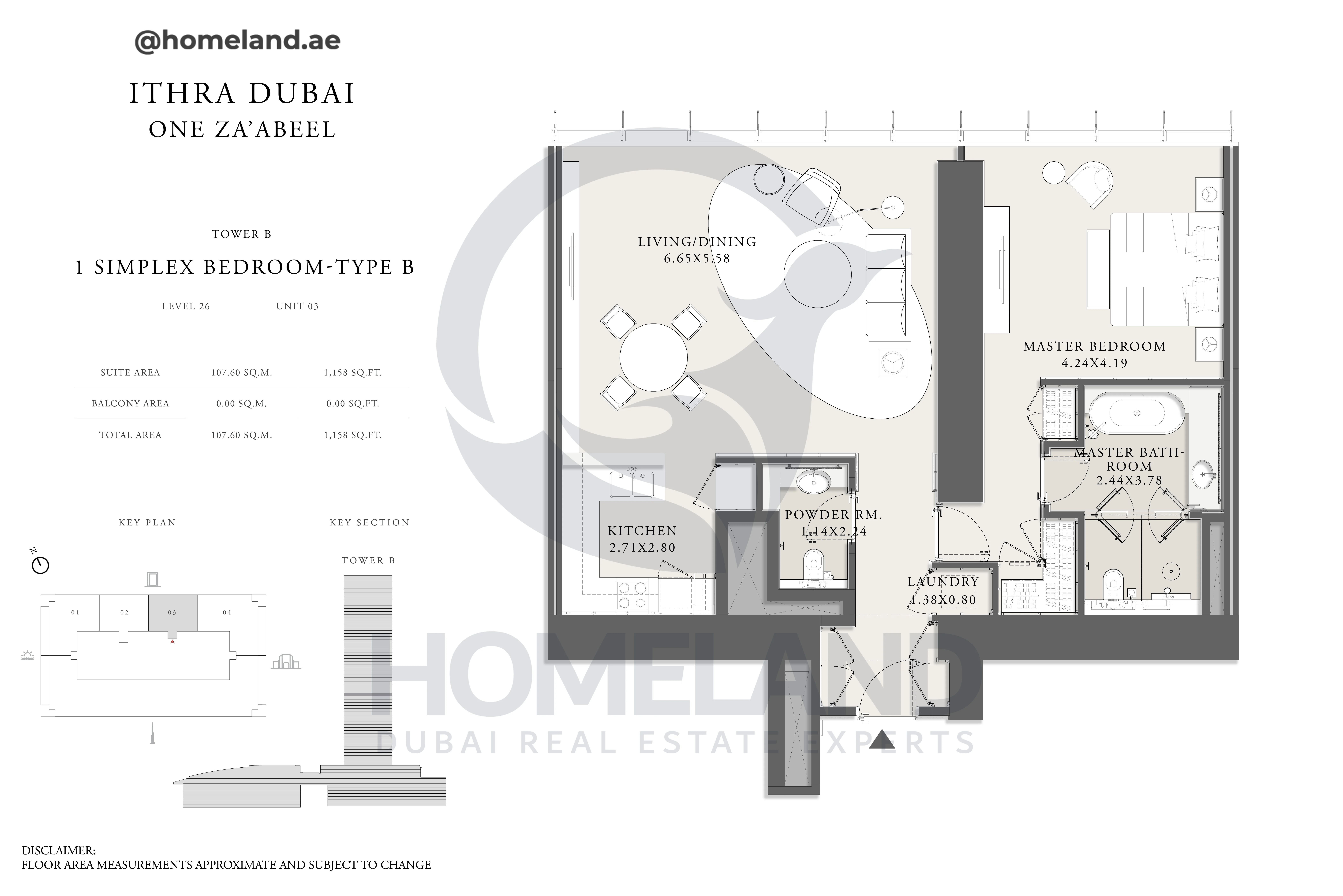 One Za'abeel, Tower B, Simplex 1BR, Type B, Level 26, Unit 03, 1158 SQFT
