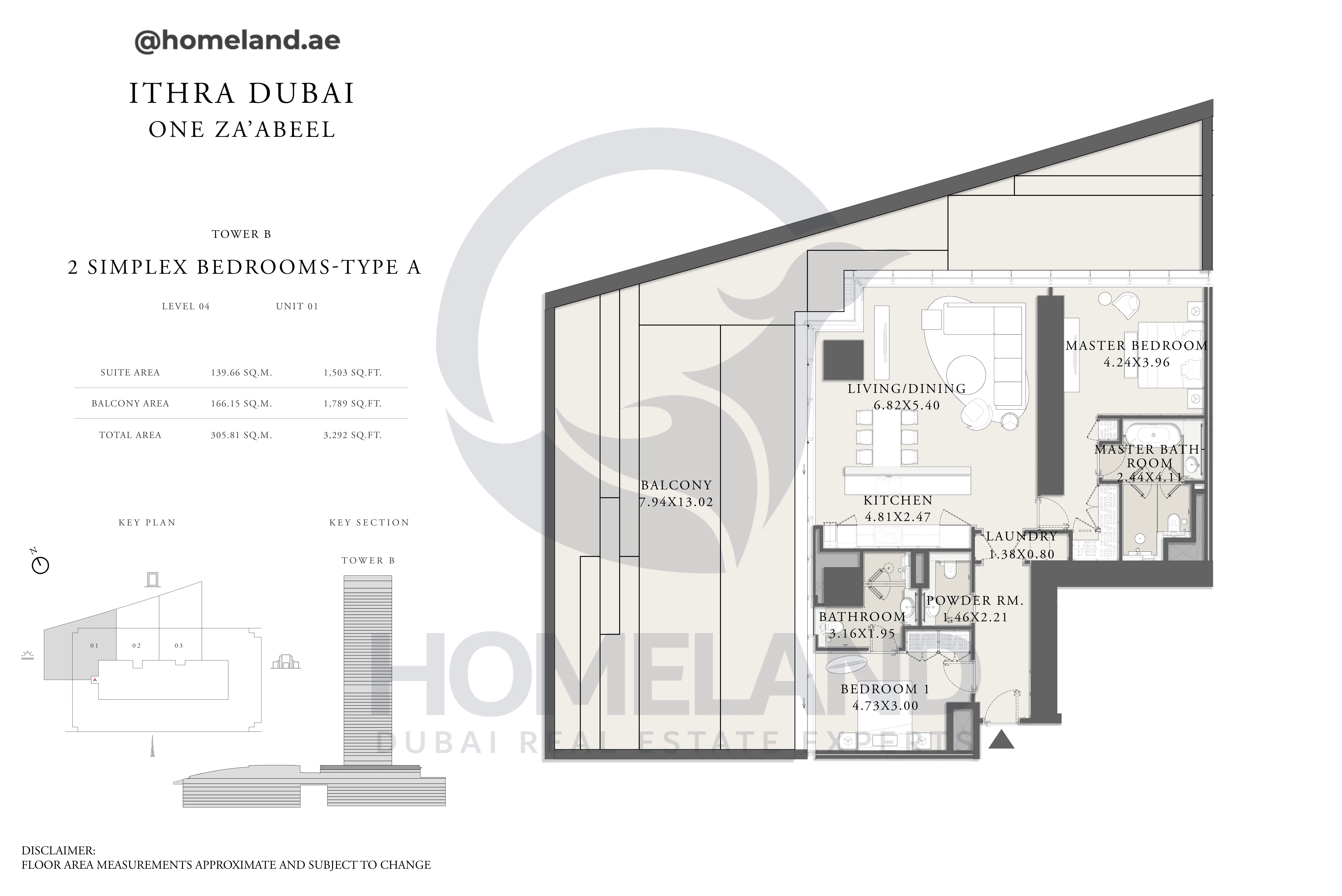 One Za'abeel, Tower B, Simplex 2BR, Type A, Level 04, Unit 01, 3292 SQFT