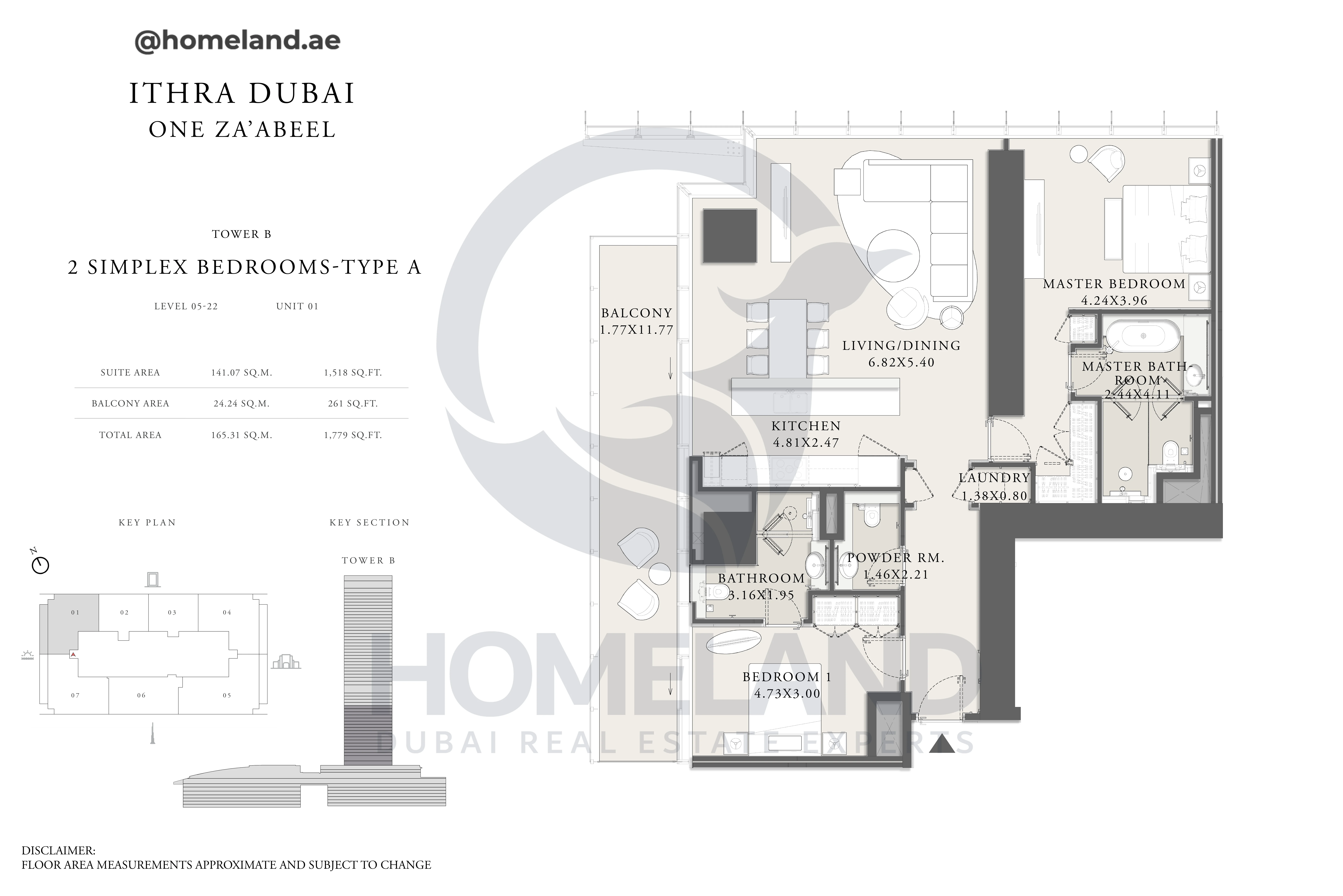 One Za'abeel, Tower B, Simplex 2BR, Type A, Level 05 to 22, Unit 01, 1779 SQFT