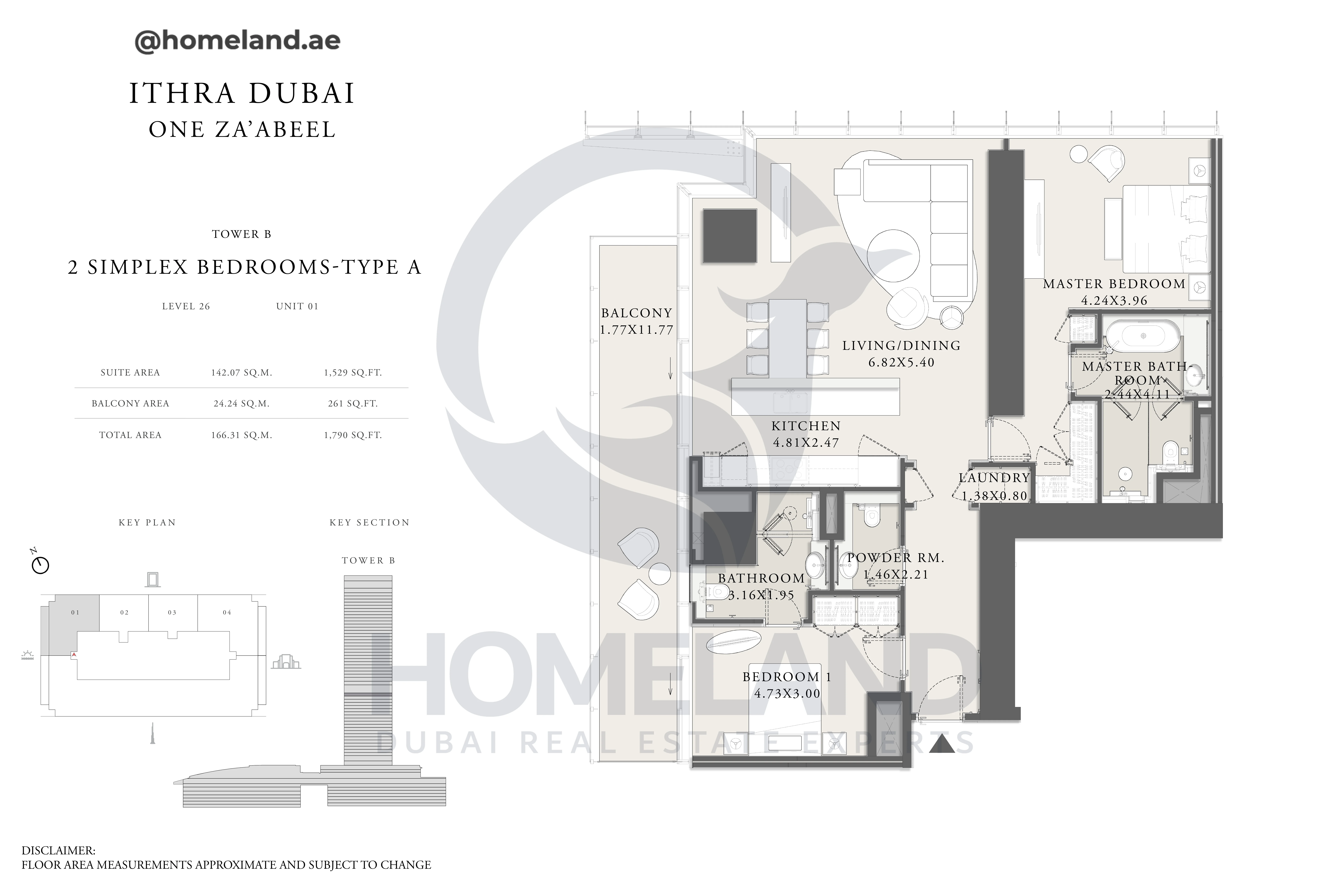 One Za'abeel, Tower B, Simplex 2BR, Type A, Level 26, Unit 01, 1790 SQFT