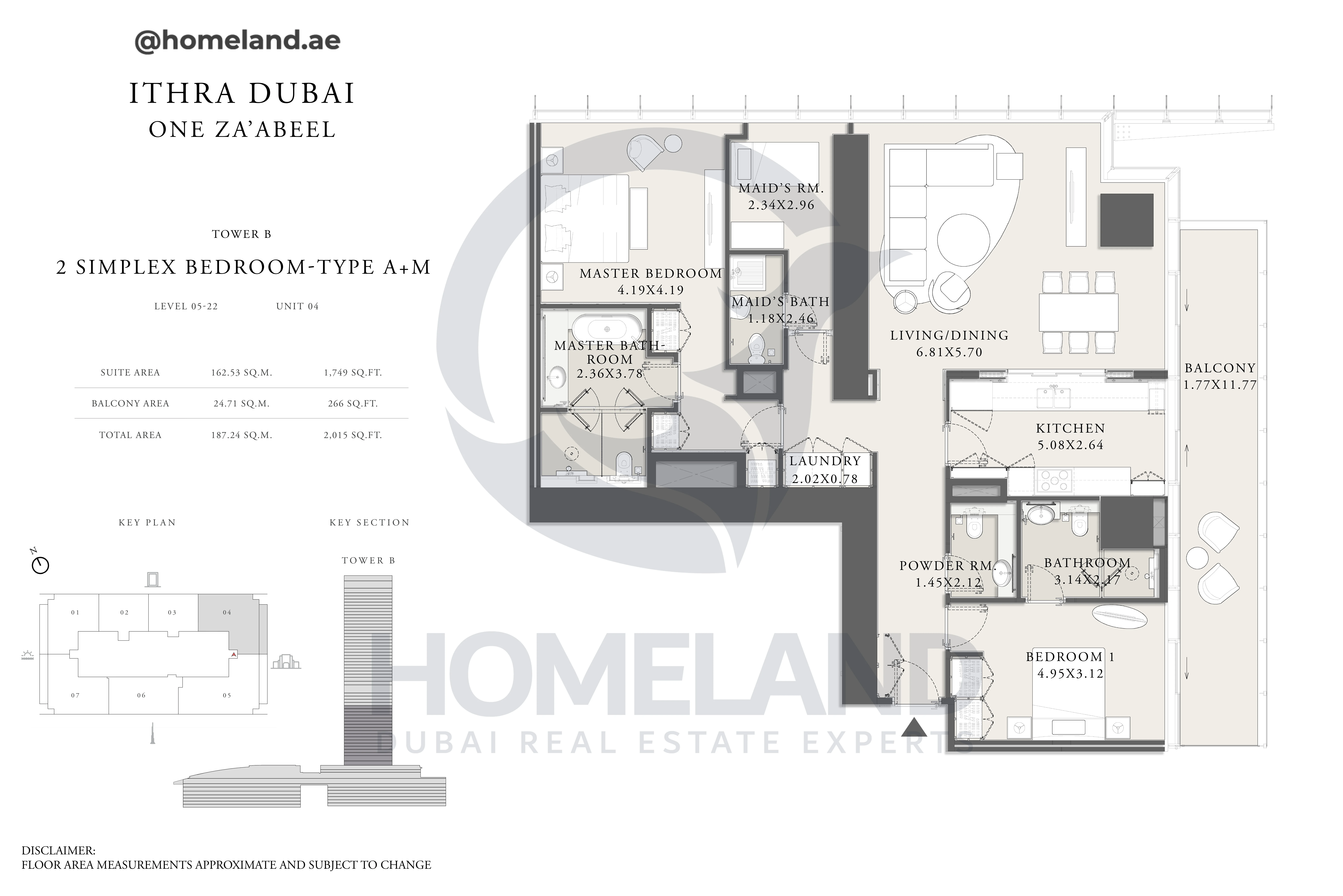 One Za'abeel, Tower B, Simplex 2BR, Type A+M, Level 05 to 22, Unit 04, 2015 SQFT