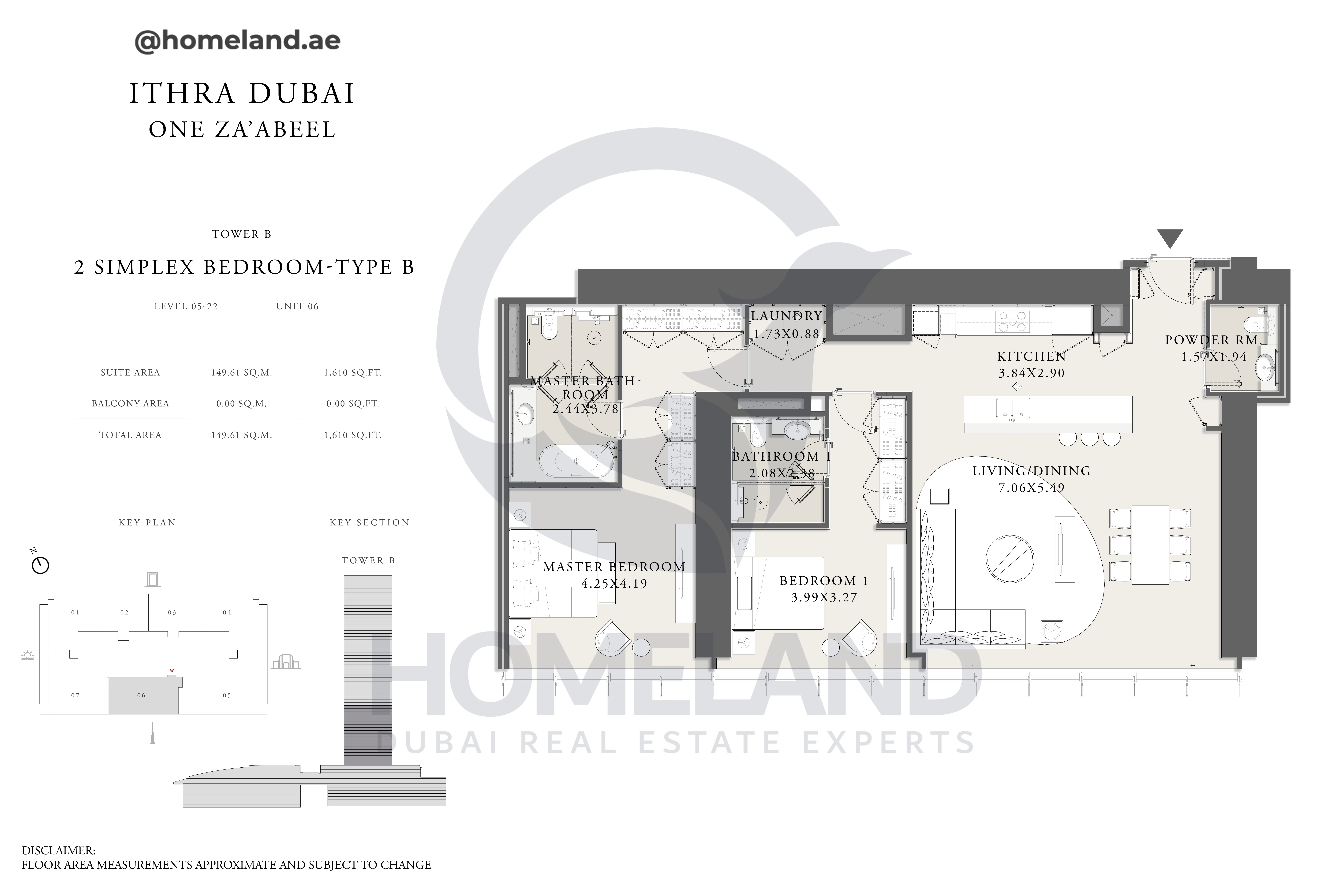 One Za'abeel, Tower B, Simplex 2BR, Type B, Level 05 to 22, Unit 06, 1610 SQFT