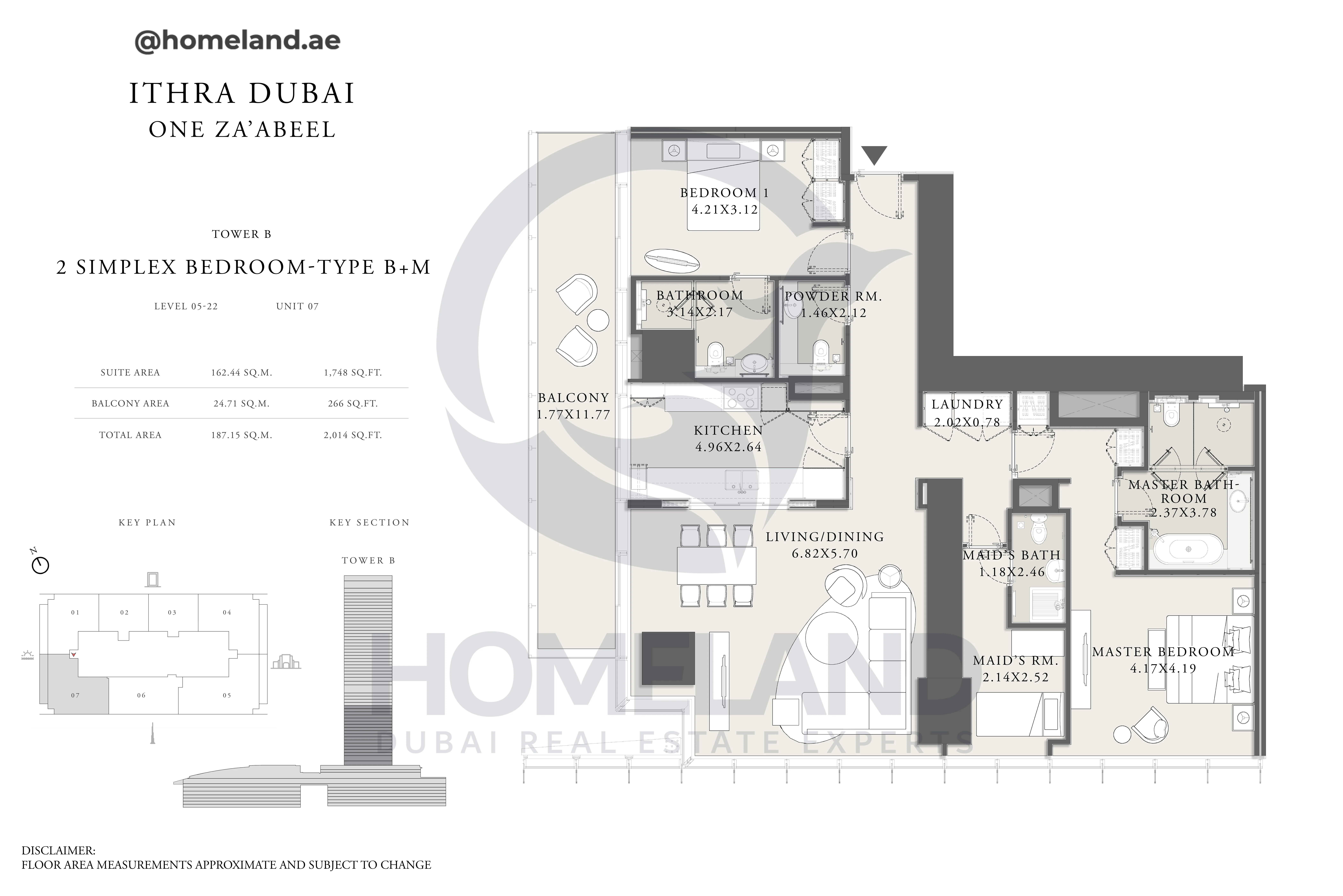 One Za'abeel, Tower B, Simplex 2BR, Type B+M, Level 05 to 22, Unit 07, 2014 SQFT