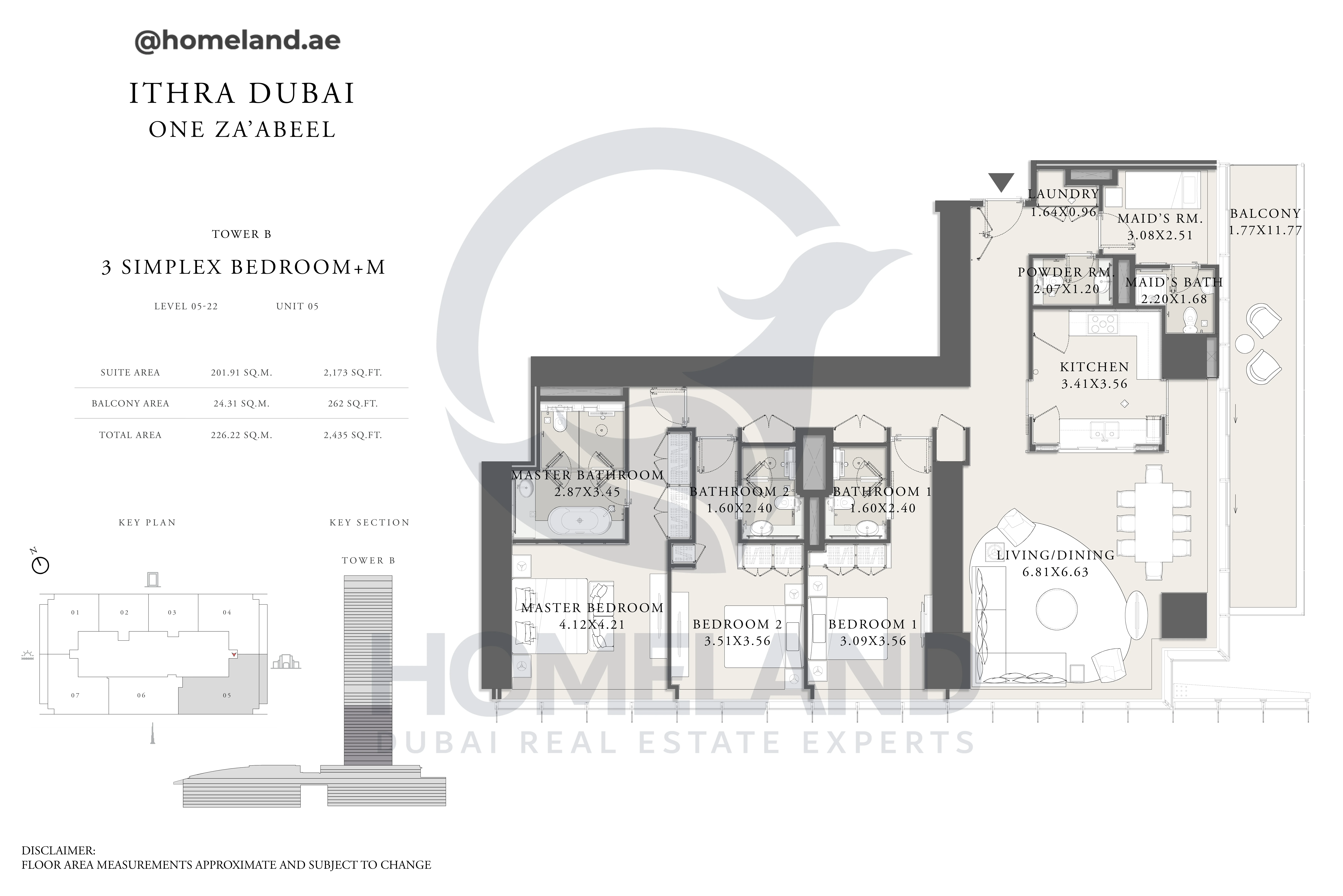 One Za'abeel, Tower B, Simplex 3BR+M, Level 05 to 22, Unit 05, 2435 SQFT