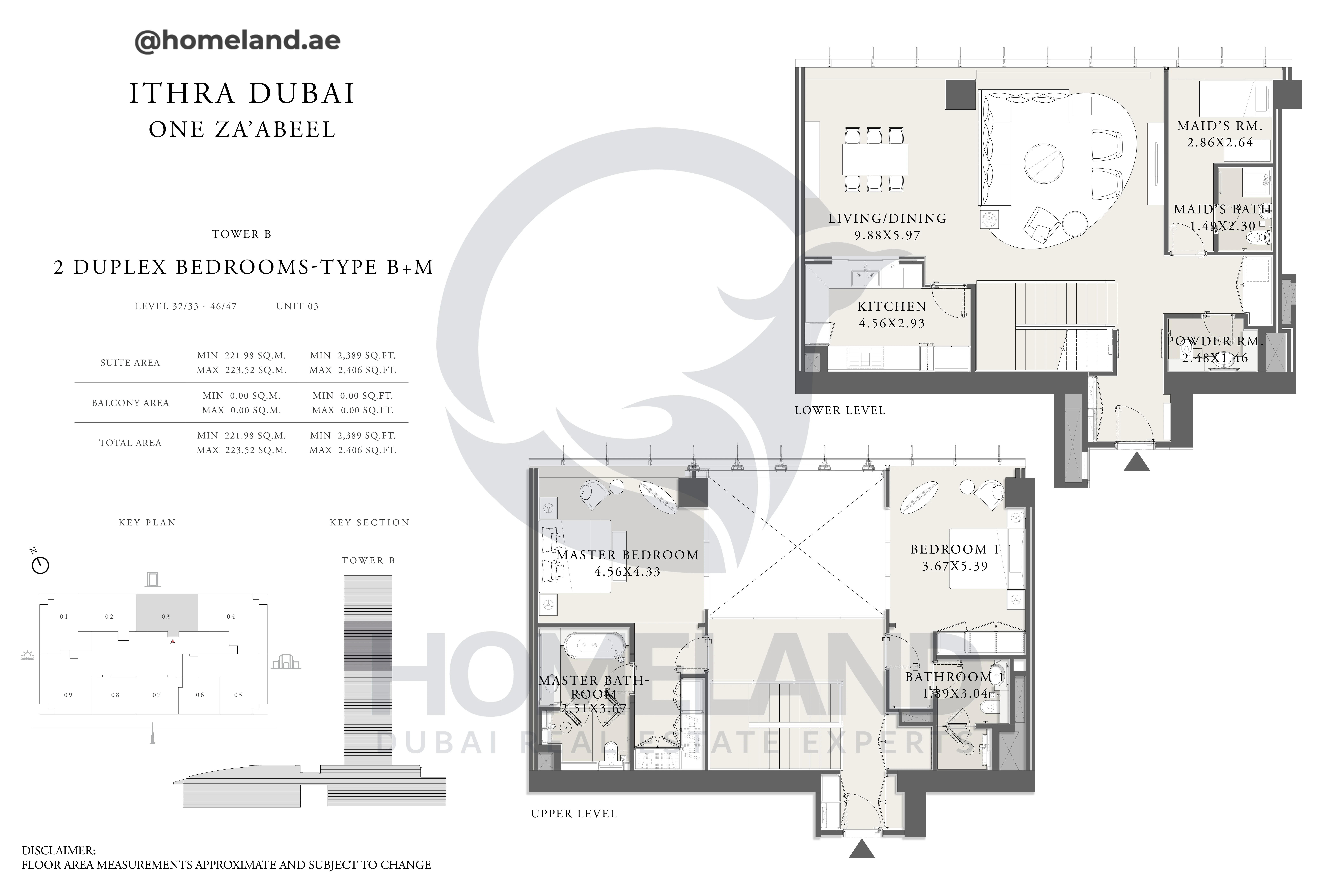 One Za'abeel, Tower B, Duplex 2BR, Type B+M, Level 32/33-46/47, Unit 03, 2406 SQFT
