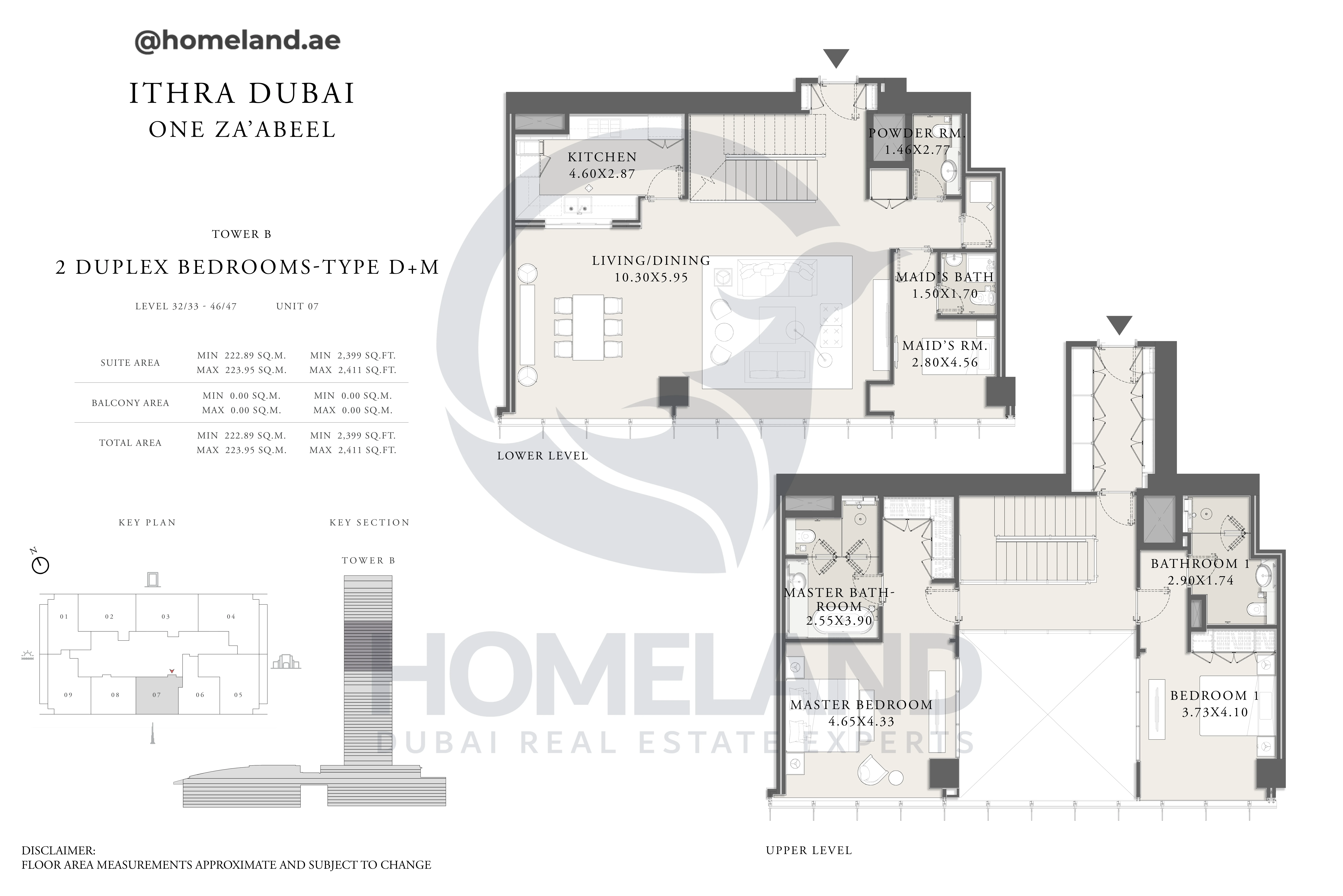 One Za'abeel, Tower B, Duplex 2BR, Type D+M, Level 32/33-46/47, Unit 07, 2411 SQFT