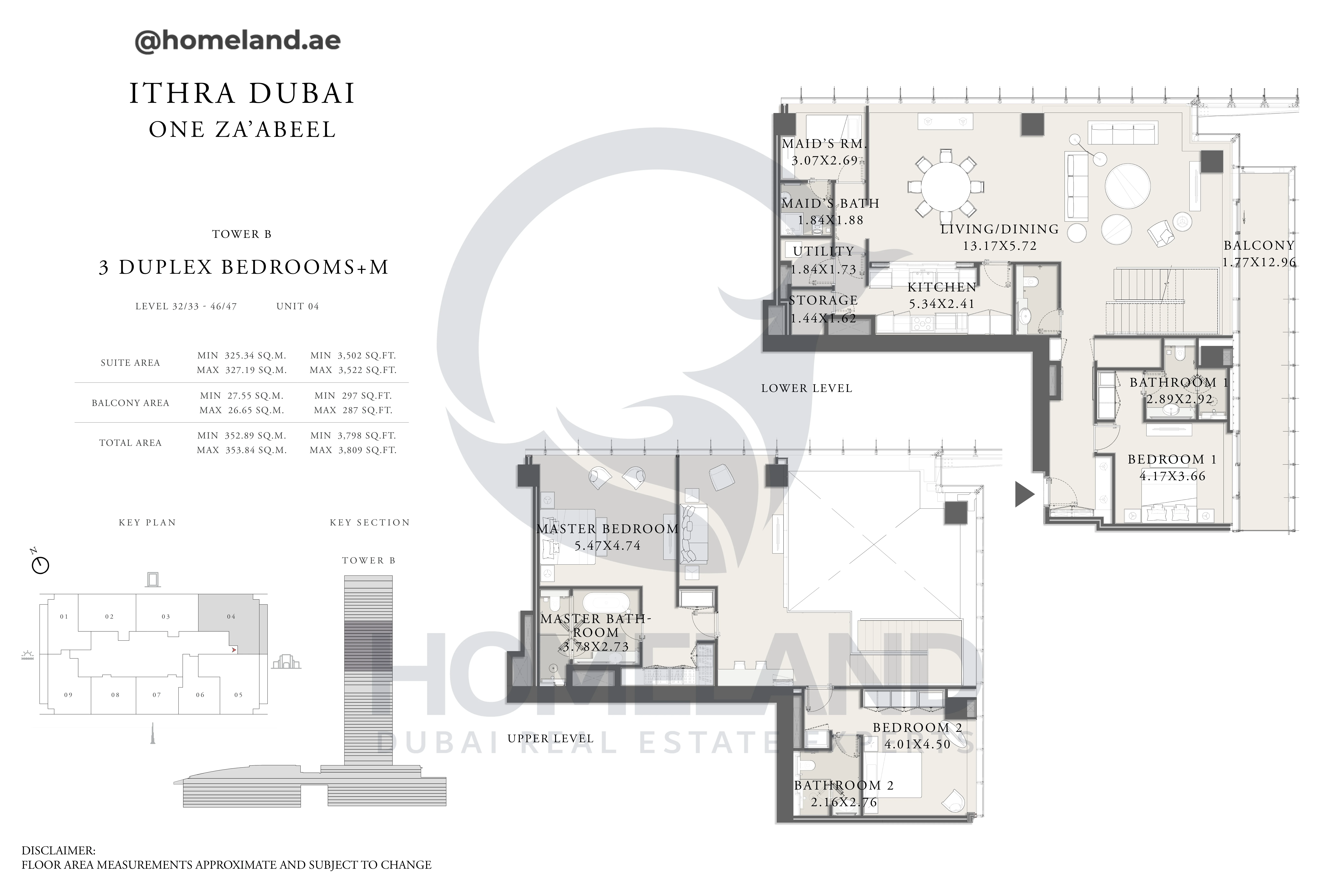 One Za'abeel, Tower B, Duplex 3BR+M, Level 32/33-46/47, Unit 04, 3809 SQFT