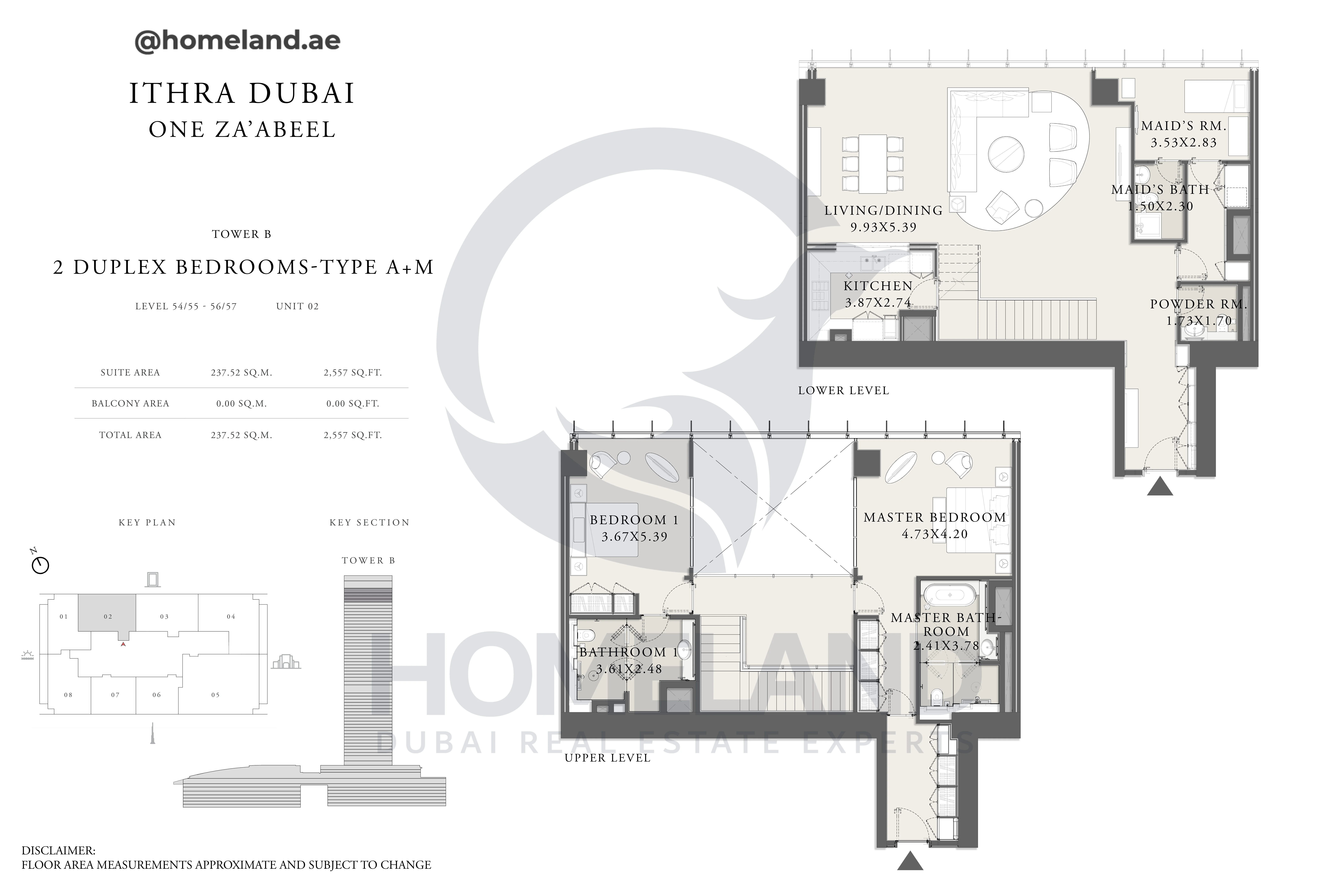 One Za'abeel, Tower B, Duplex 2BR, Type A+M, Level 54/55 -56/57, Unit 02, 2557 SQFT