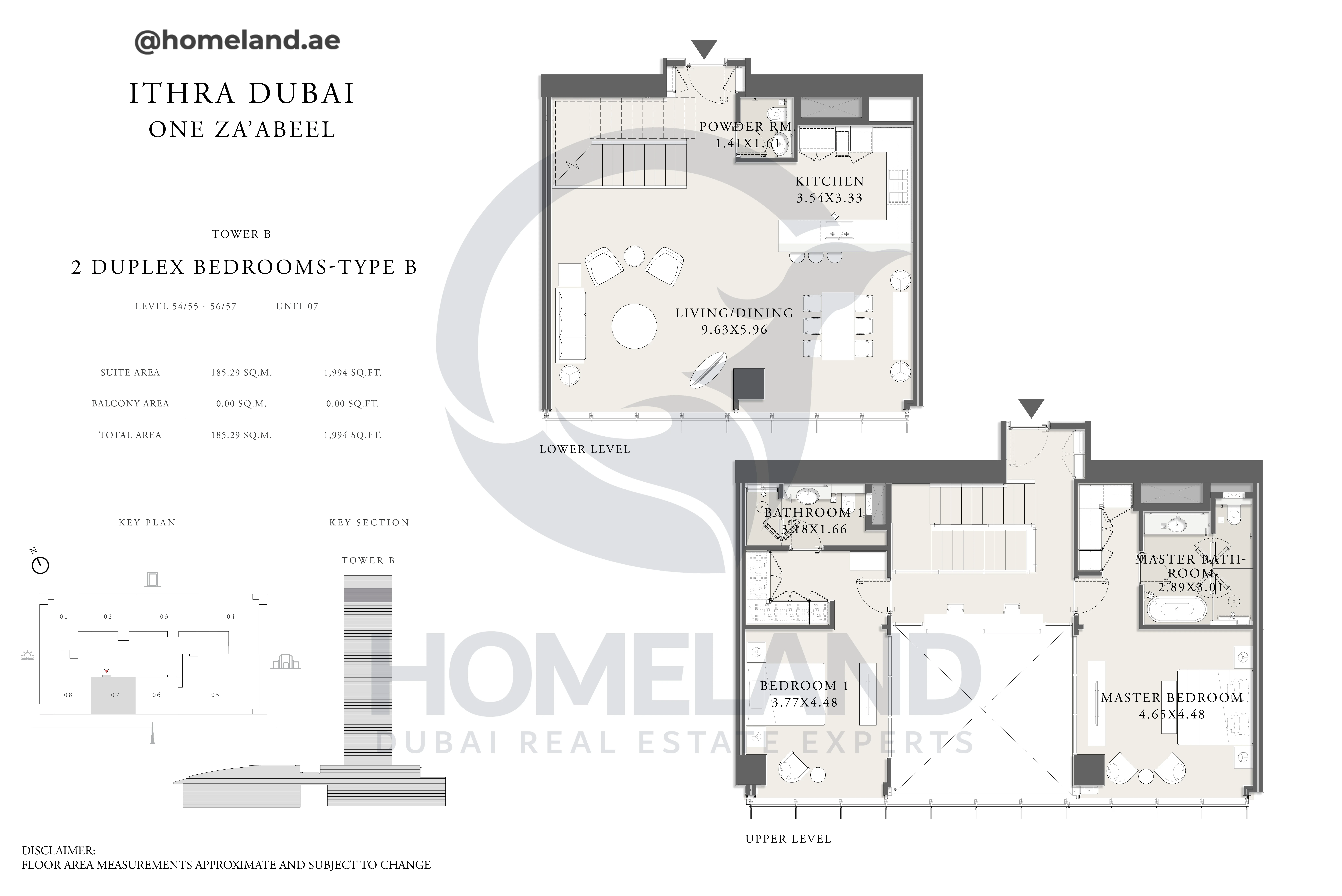 One Za'abeel, Tower B, Duplex 2BR, Type B, Level 54/55 -56/57, Unit 07, 1994 SQFT