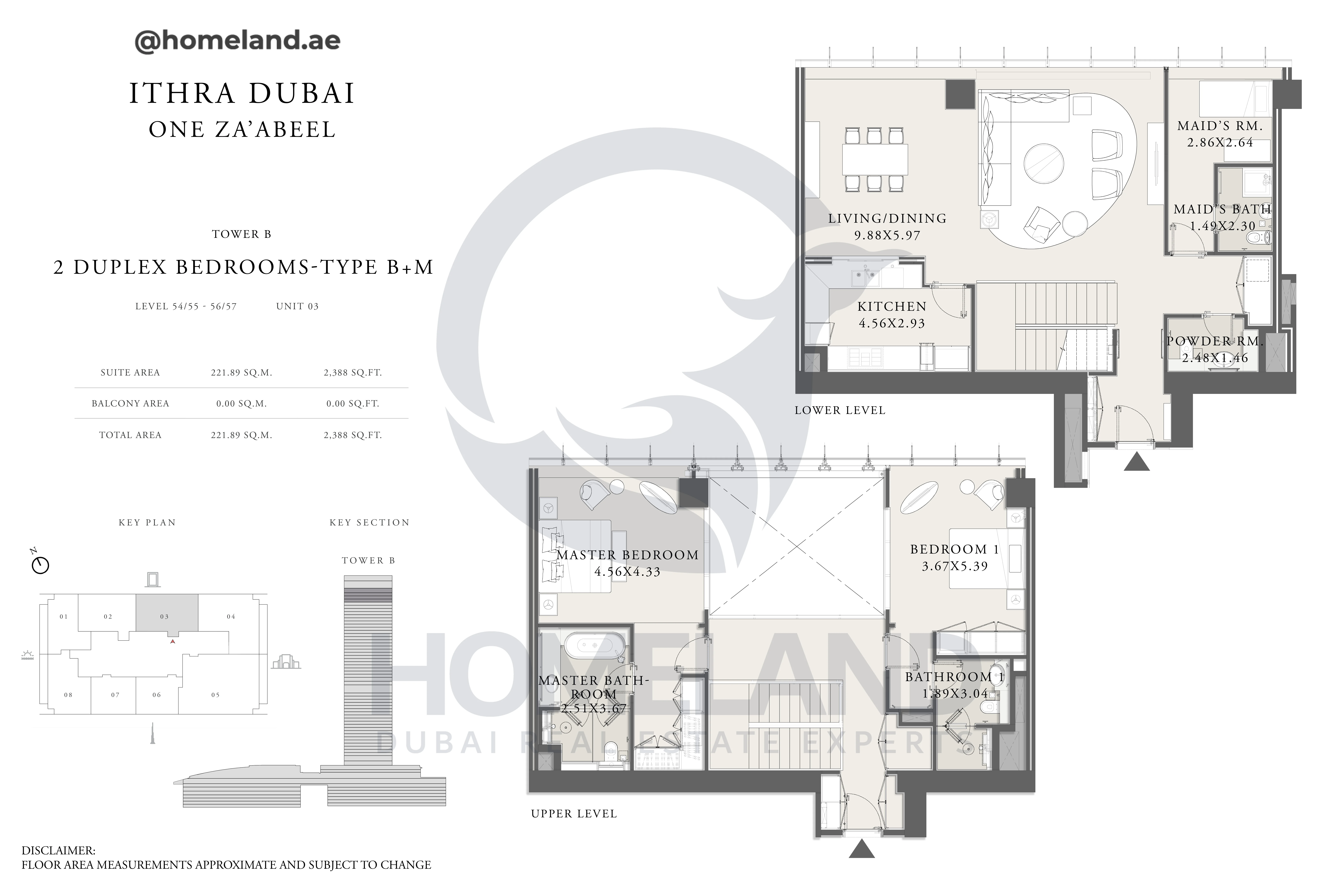One Za'abeel, Tower B, Duplex 2BR, Type B+M, Level 54/55 -56/57, Unit 03, 2388 SQFT