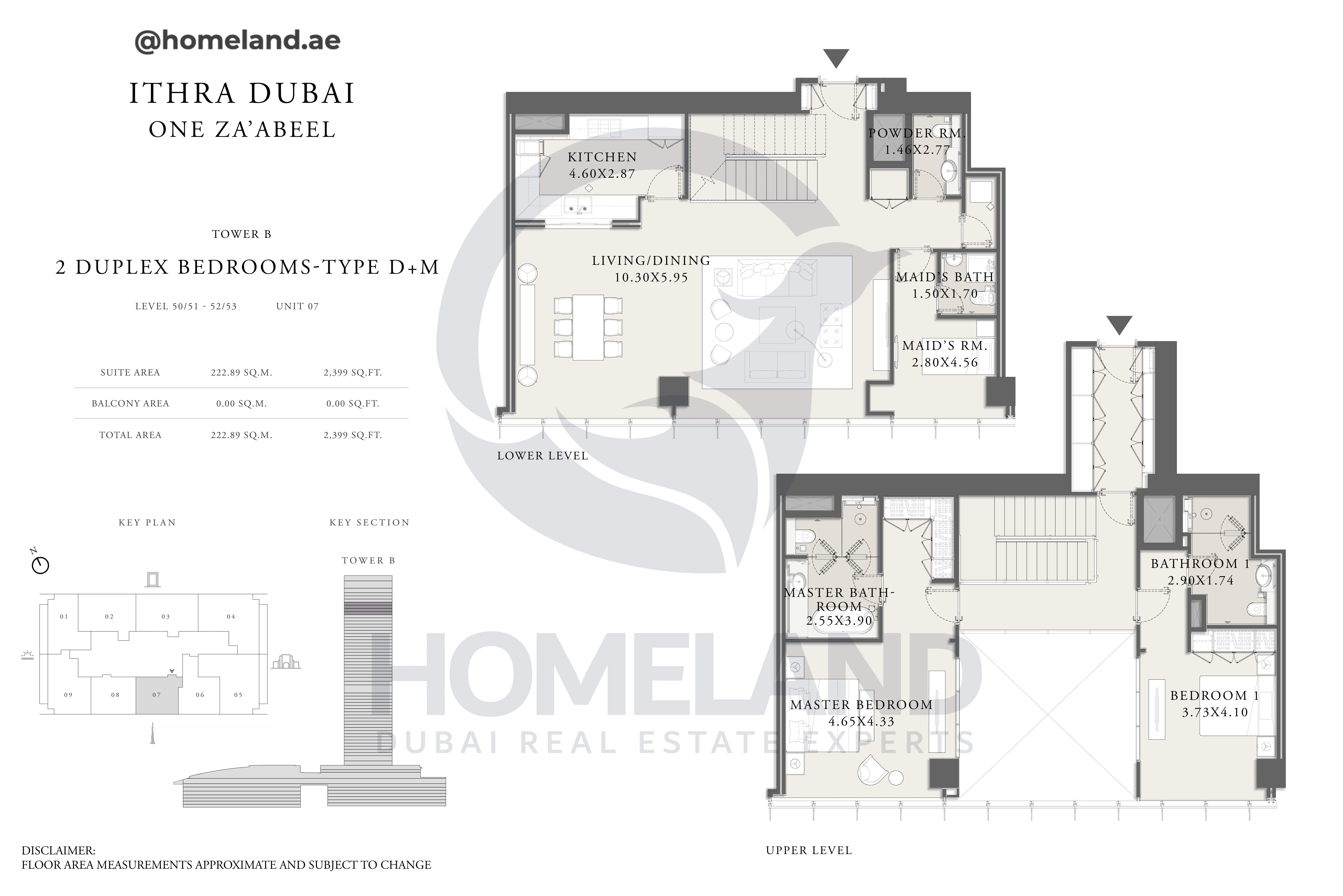 One Za'abeel, Tower B, Duplex 2BR, Type D+M, Level 50/51-52/53, Unit 07, 2399 SQFT