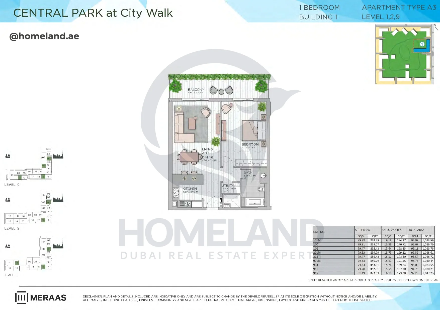 Central Park, Building 1, 1BR, Type A3, Level 1-2-9, Unit 101M-110-116-201M-218-901M-904-911- 915, 1047 SQFT