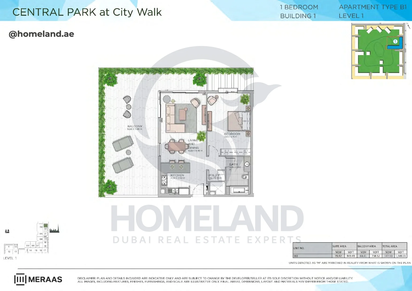 Central Park, Building 1, 1BR, Type B1, Level 1, Unit 103, 1588 SQFT