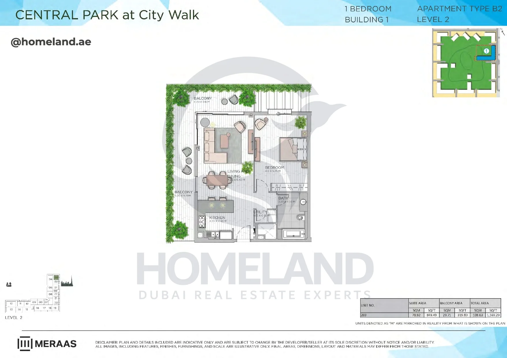 Central Park, Building 1, 1BR, Type B2, Level 2, Unit 203, 1169 SQFT