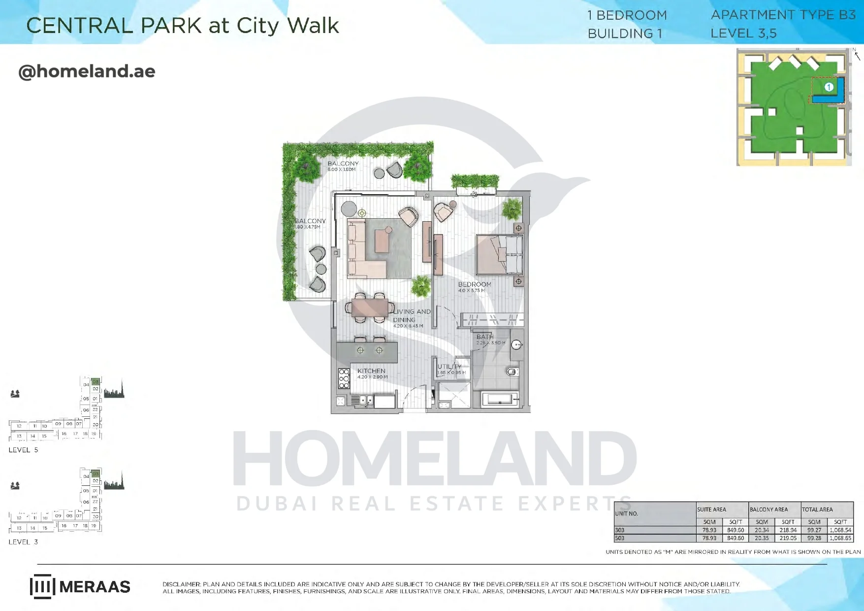 Central Park, Building 1, 1BR, Type B3, Level 3-5, Unit 303-503, 1068 SQFT