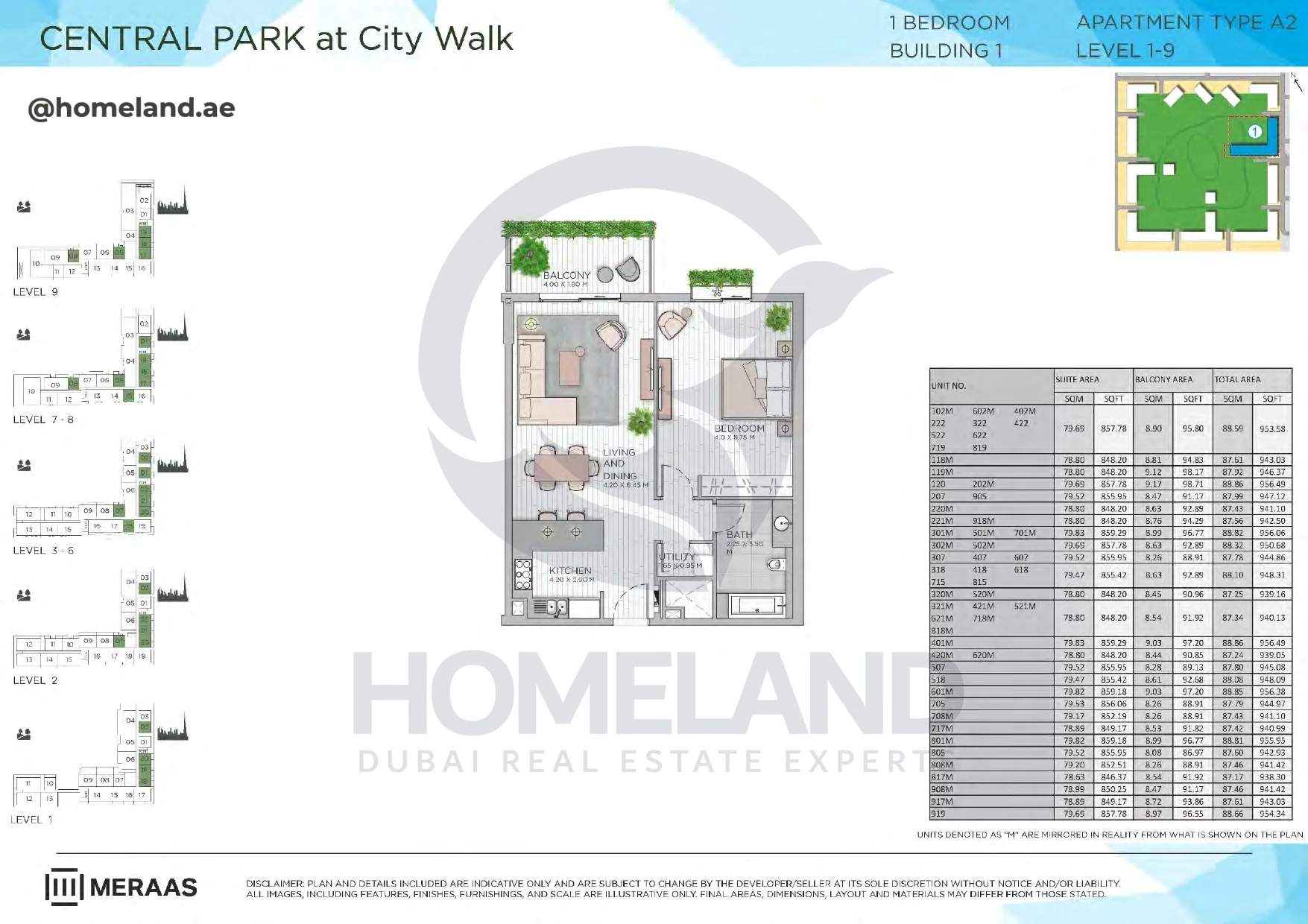 Central Park, Building 1, 1BR, Type A2, Level 1 to 9, Unit 102M to 919, 956 SQFT