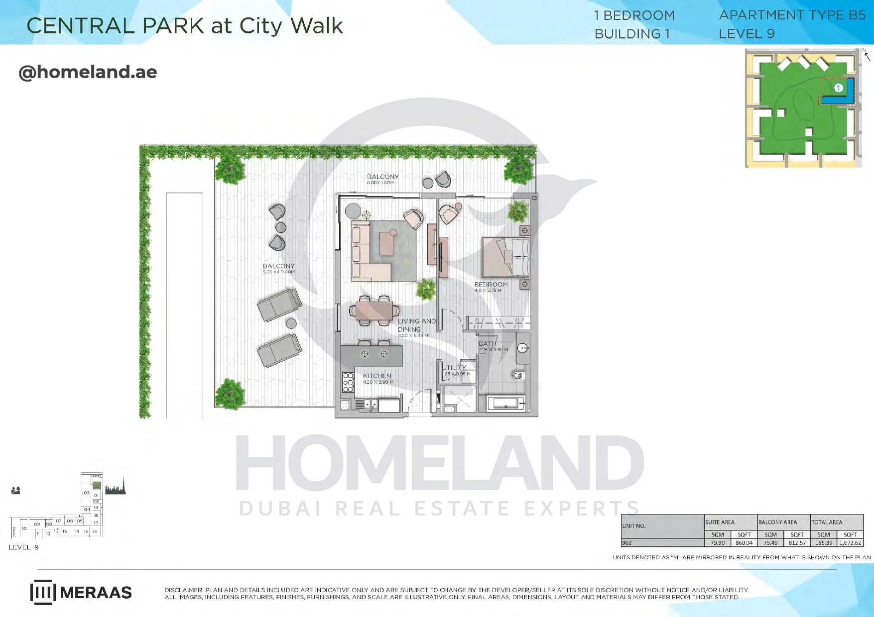 Central Park, Building 1, 1BR, Type B5, Level 9, Unit 902, 1672 SQFT