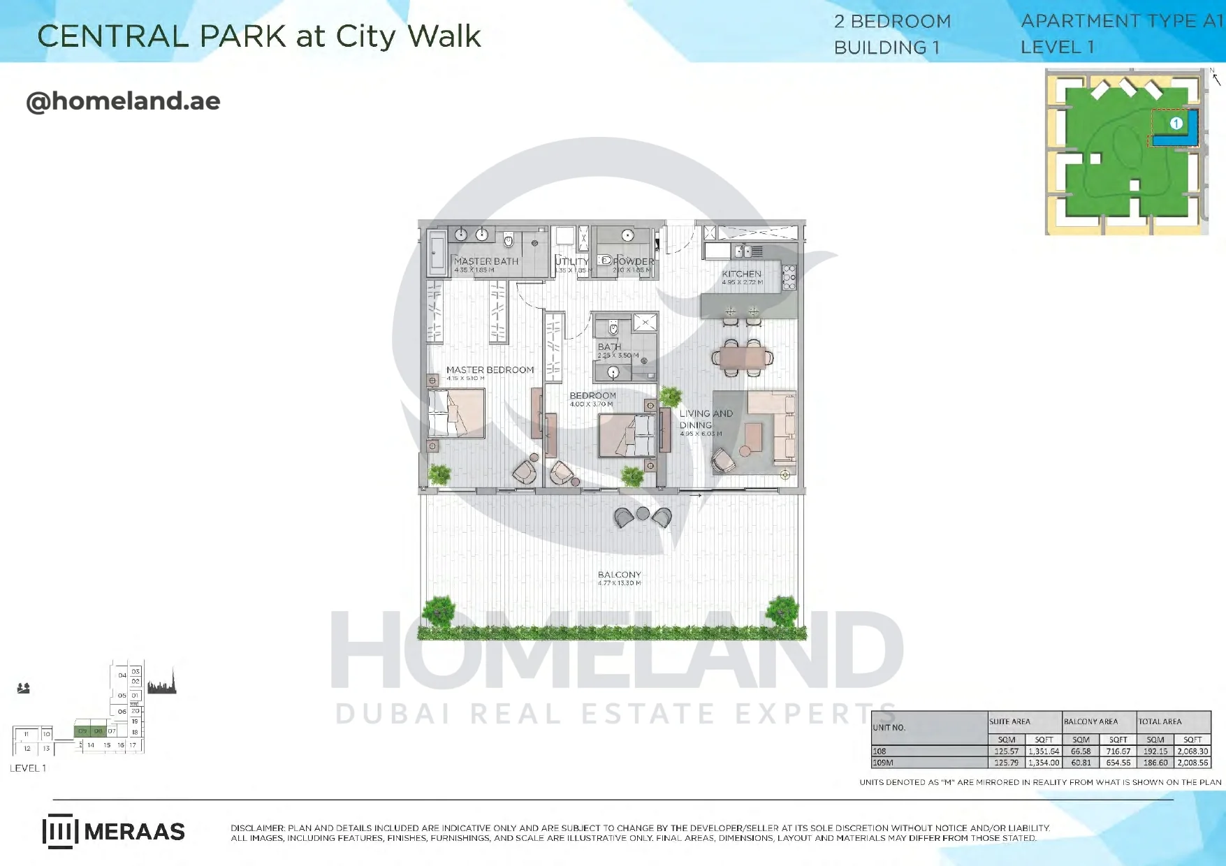 Central Park, Building 1, 2BR, Type A1, Level 1, Unit 108-109M, 2068 SQFT