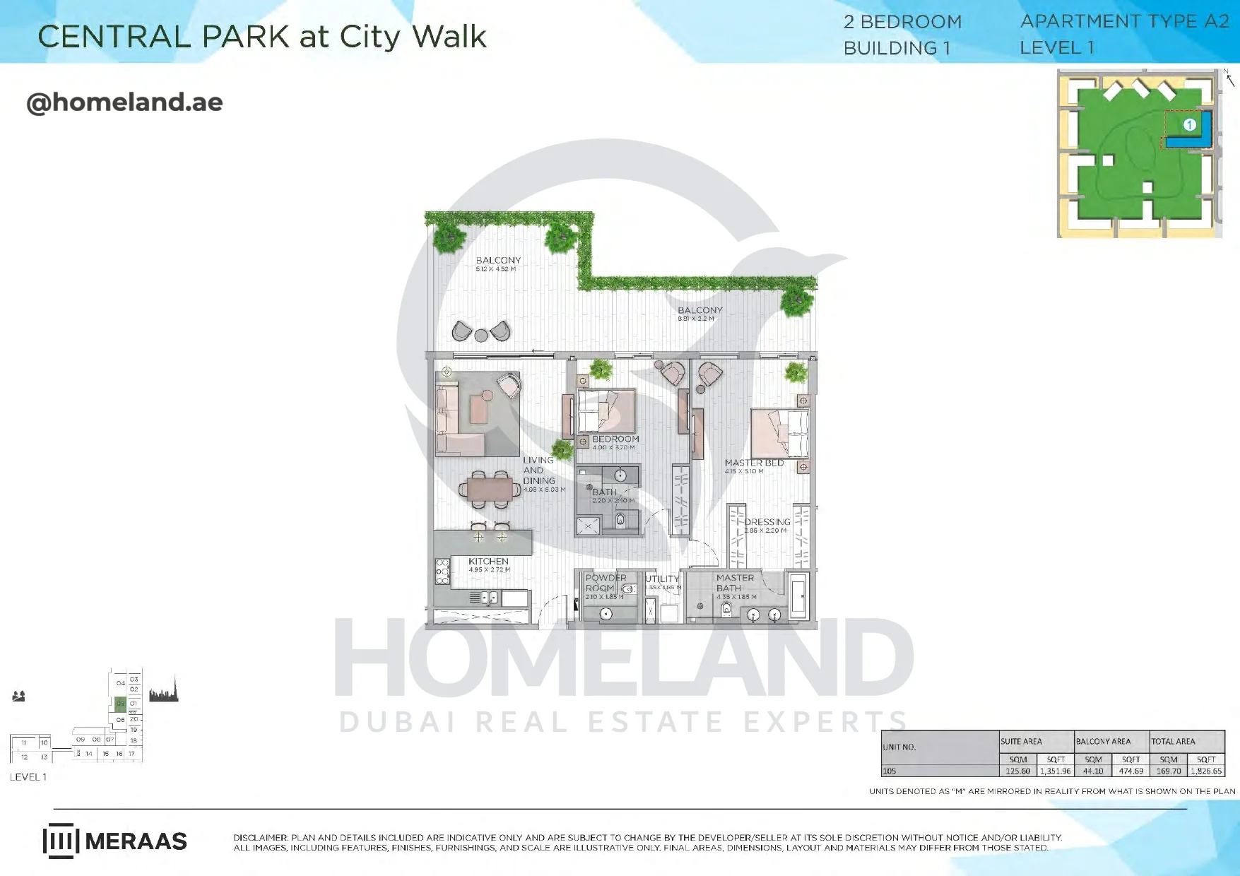 Central Park, Building 1, 2BR, Type A2, Level 1, Unit 105, 1825 SQFT