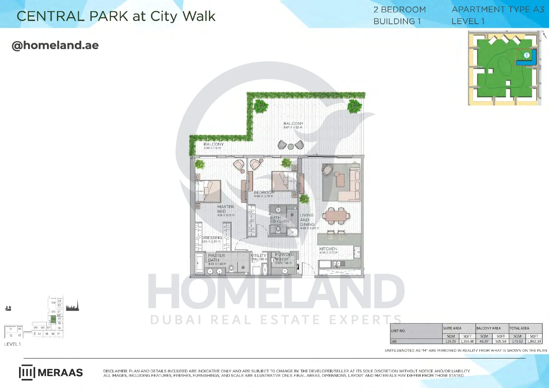 Central Park, Building 1, 2BR, Type A3, Level 1, Unit 106, 1862 SQFT