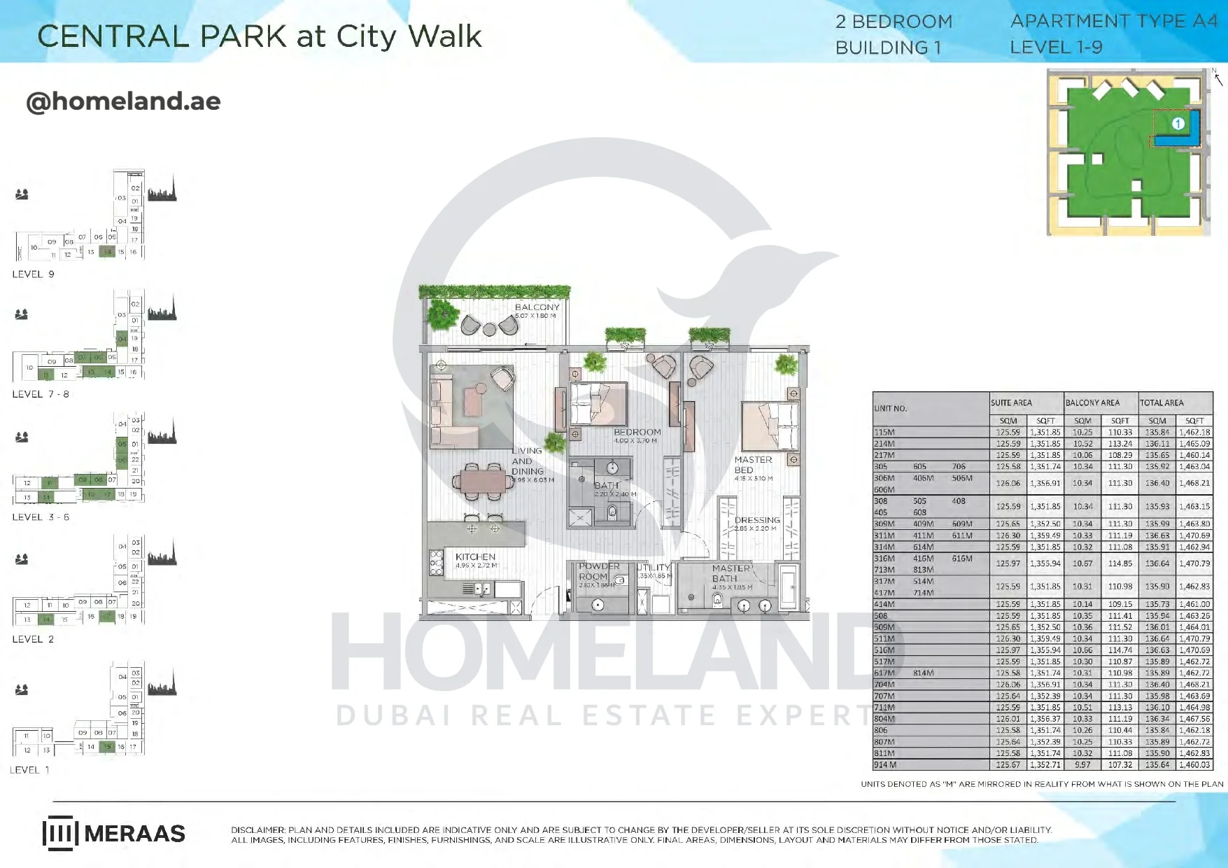 Central Park, Building 1, 2BR, Type A4, Level 1 to 9, Unit 115M to 914M, 1470 SQFT