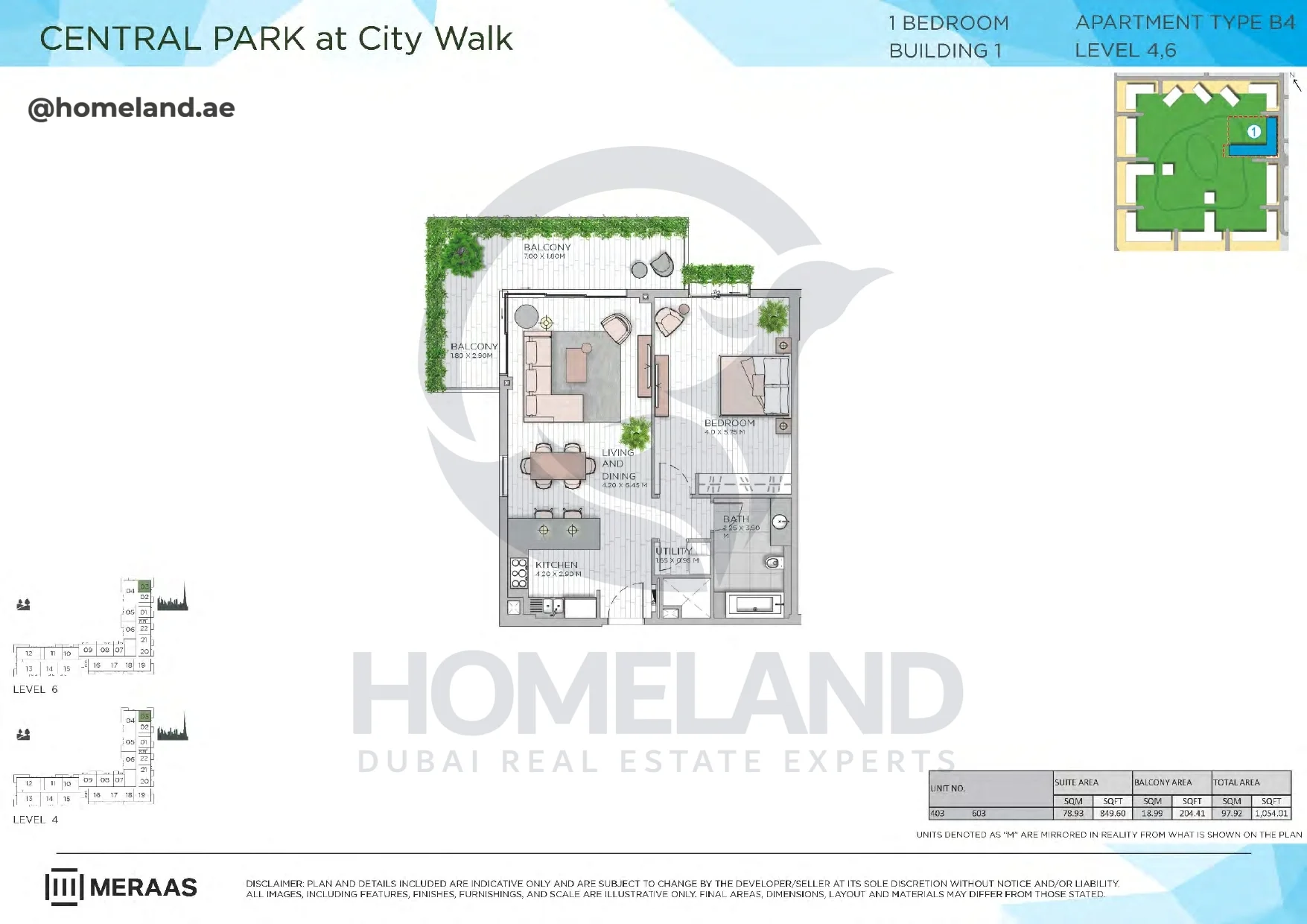 Central Park, Building 1, 1BR, Type B4, Level 4-6, Unit 403-603, 1054 SQFT