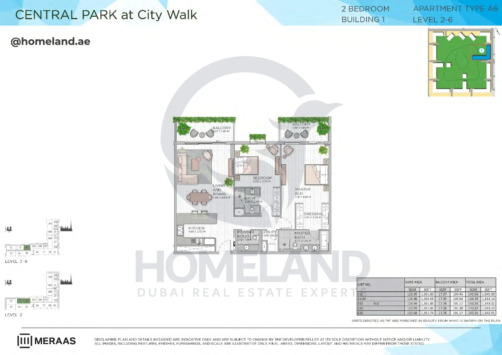 Central Park, Building 1, 2BR, Type A6, Level 2-6, Unit 210-211M-310-410-510-610, 1545 SQFT