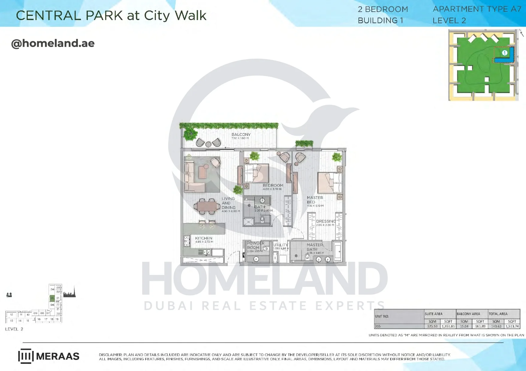 Central Park, Building 1, 2BR, Type A7, Level 2, Unit 205, 1513 SQFT