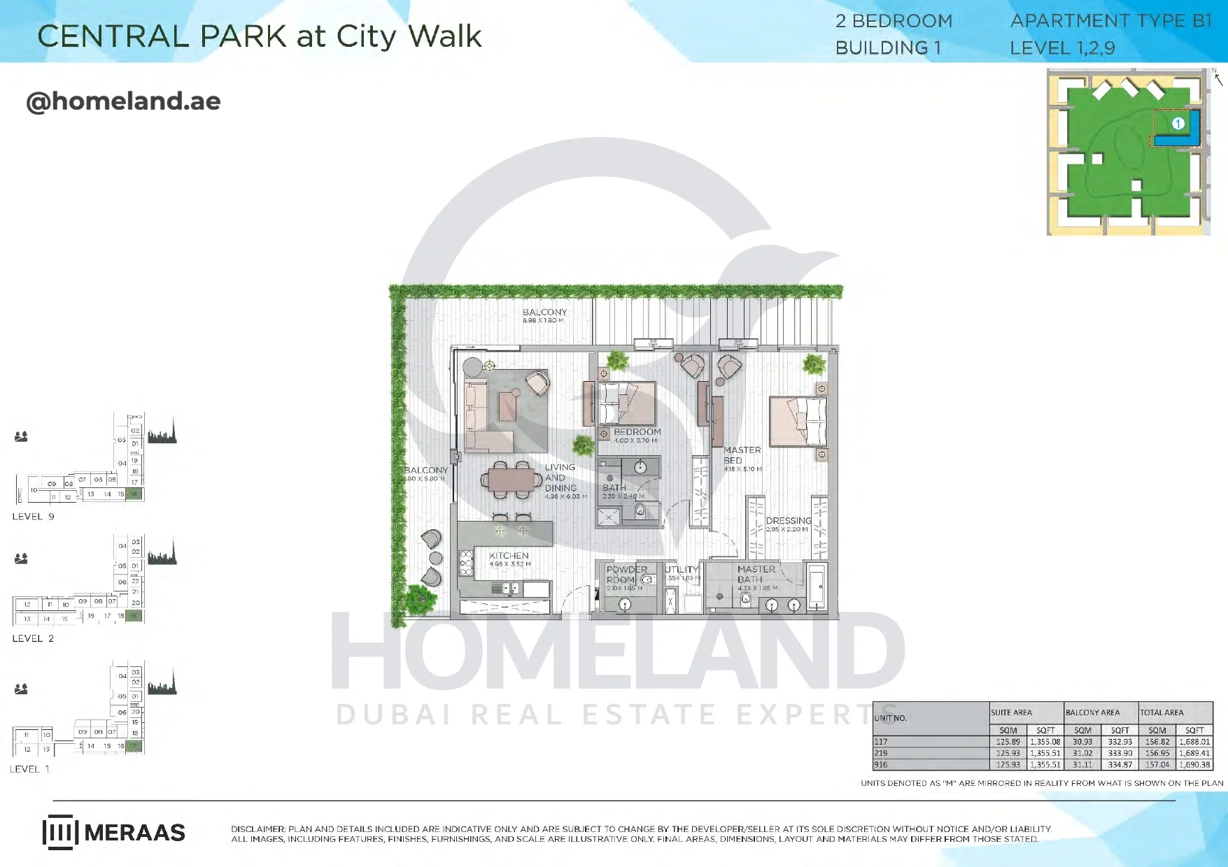Central Park, Building 1, 2BR, Type B1, Level 1-2-9, Unit 117-219-916, 1690 SQFT