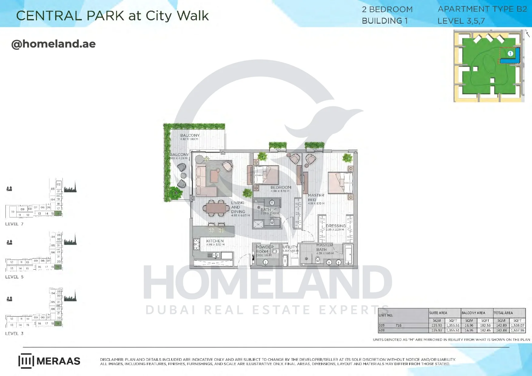 Central Park, Building 1, 2BR, Type B2, Level 3-5-7, Unit 319-519-716, 1538 SQFT