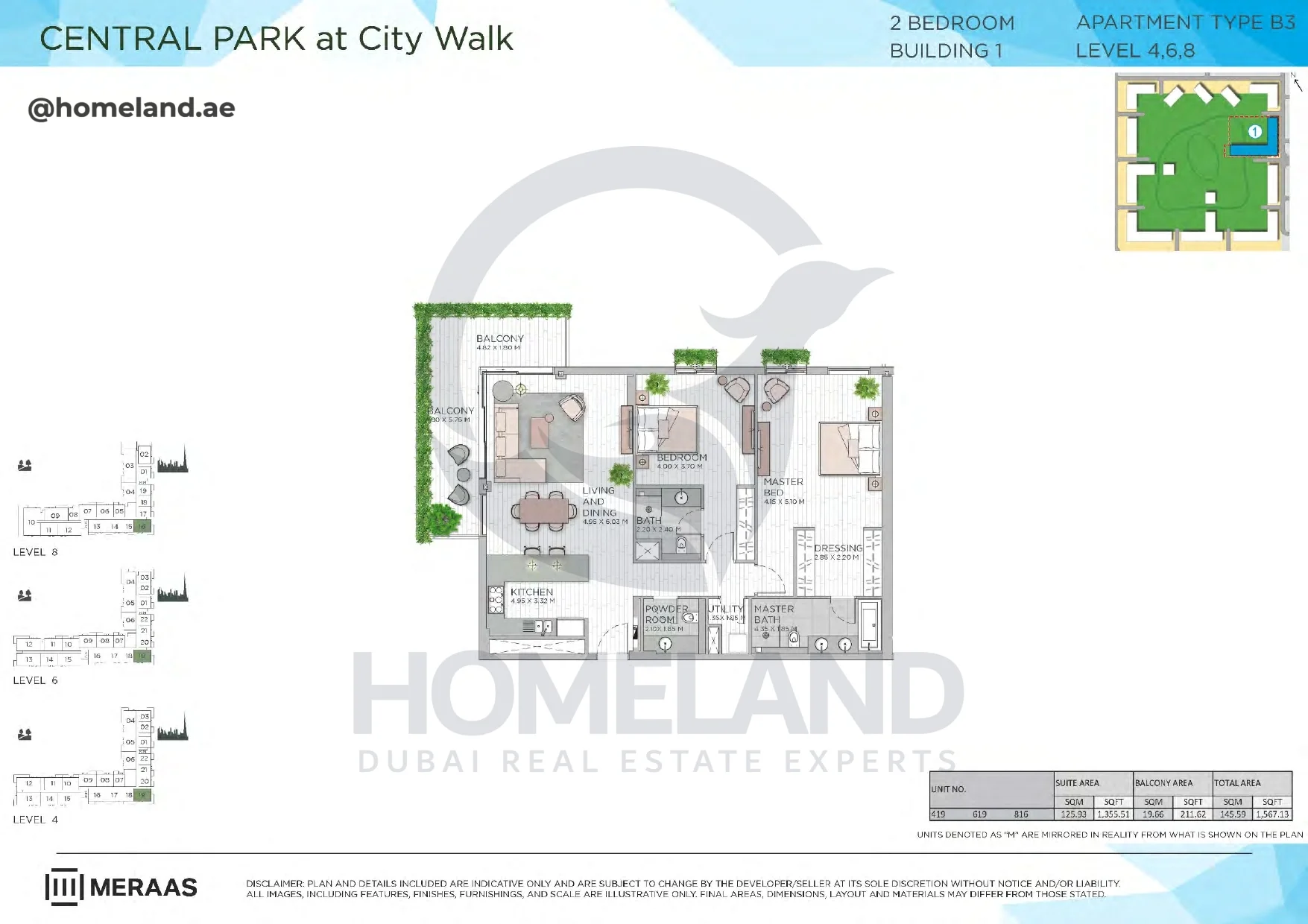 Central Park, Building 1, 2BR, Type B3, Level 4-6-8, Unit 419-619-816, 1567 SQFT