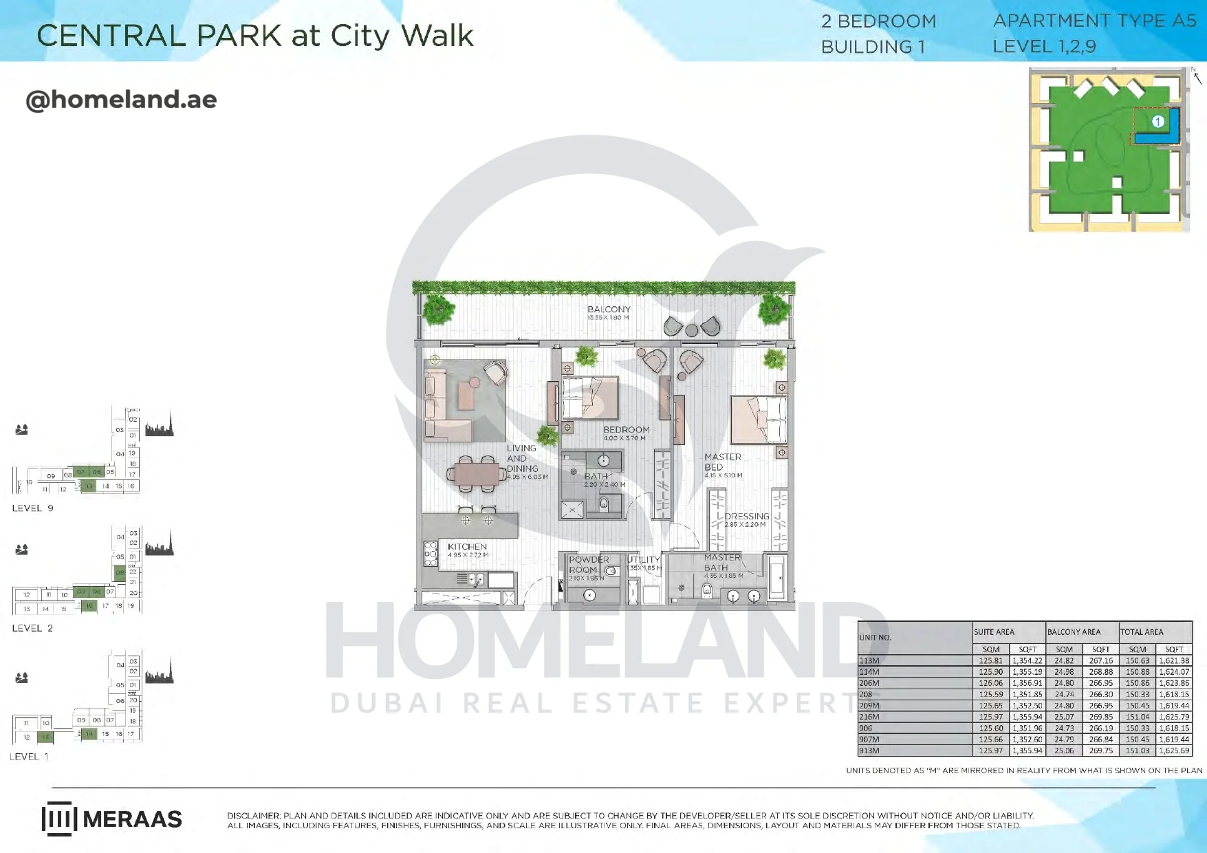 Central Park, Building 1, 2BR, Type A5, Level 1-2-9, Unit 113M-114M-206M-208-209M-216M-906-907M-913M, 1625 SQFT