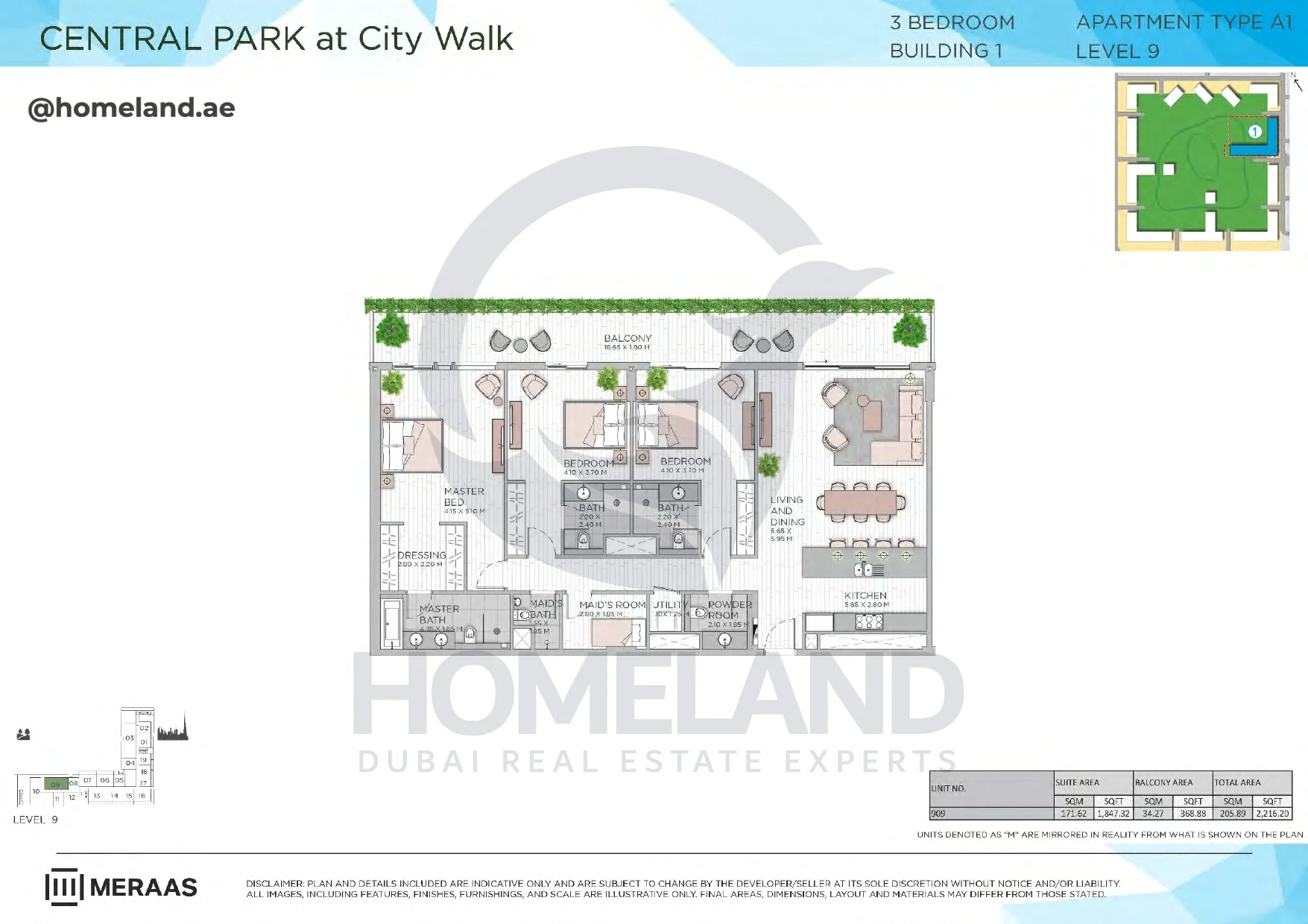 Central Park, Building 1, 3BR, Type A1, Level 9, Unit 909, 2216 SQFT