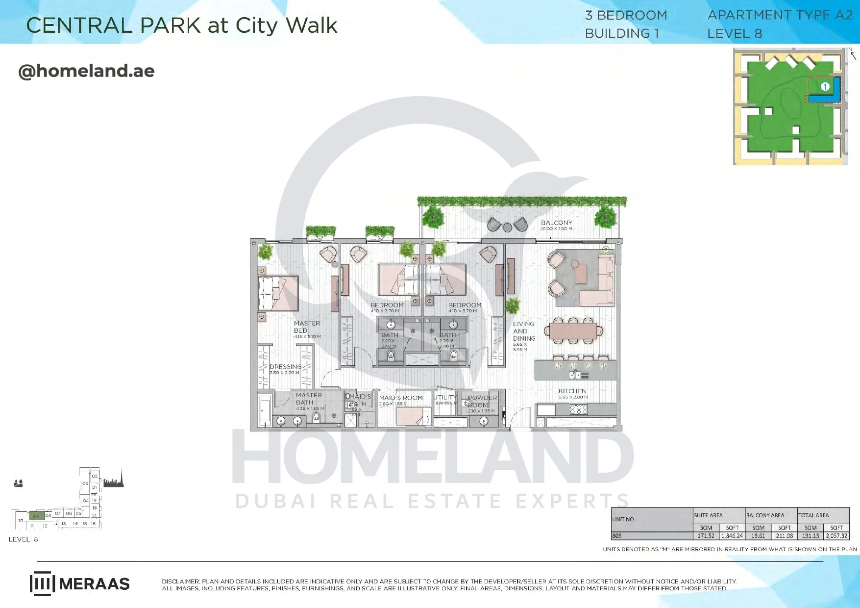 Central Park, Building 1, 3BR, Type A2, Level 8, Unit 809, 2057 SQFT