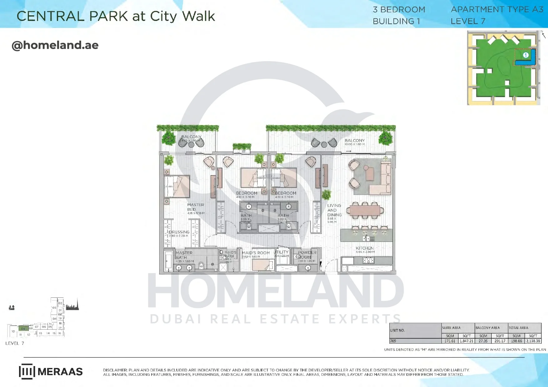 Central Park, Building 1, 3BR, Type A3, Level 7, Unit 709, 2138 SQFT