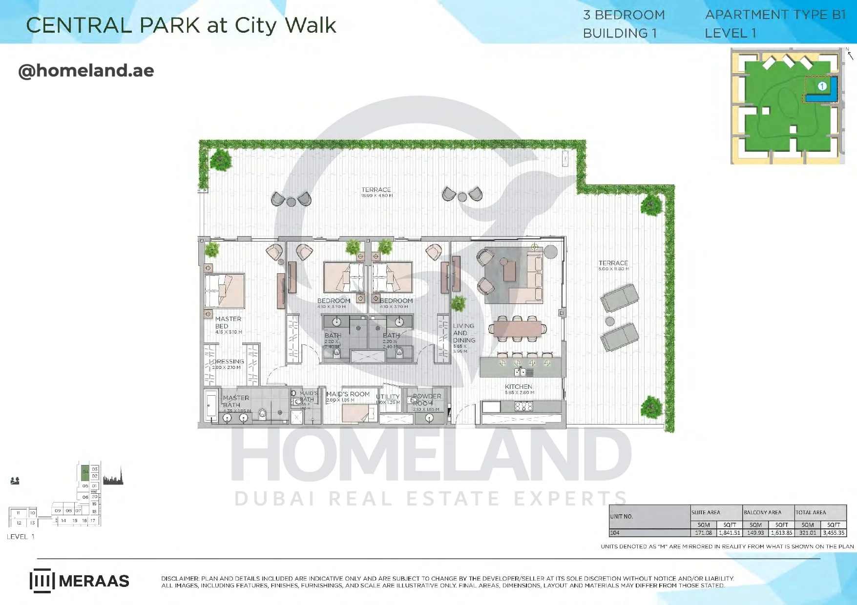 Central Park, Building 1, 3BR, Type B1, Level 1, Unit 104, 3455 SQFT