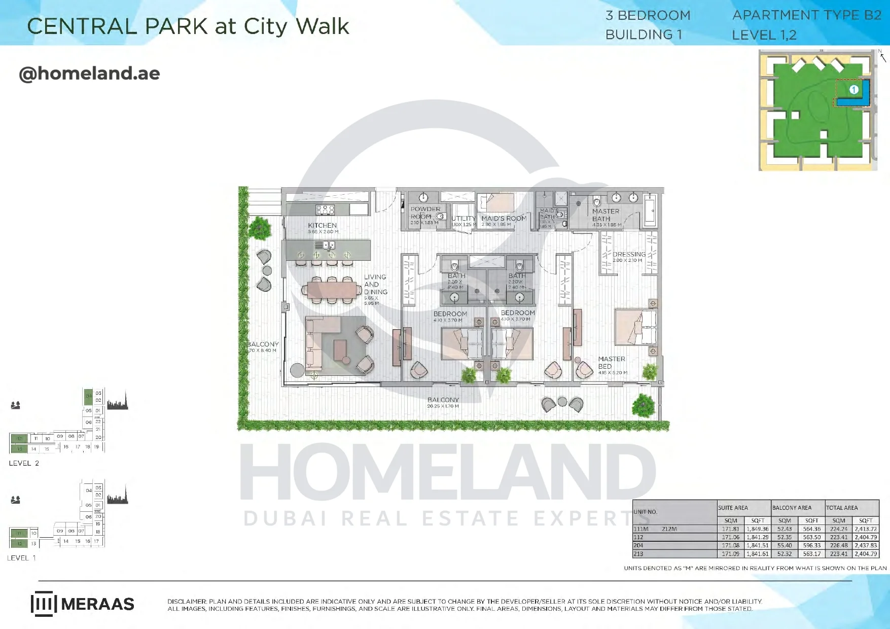 Central Park, Building 1, 3BR, Type B2, Level 1-2, Unit 111M-212M-112-204-213, 2437 SQFT