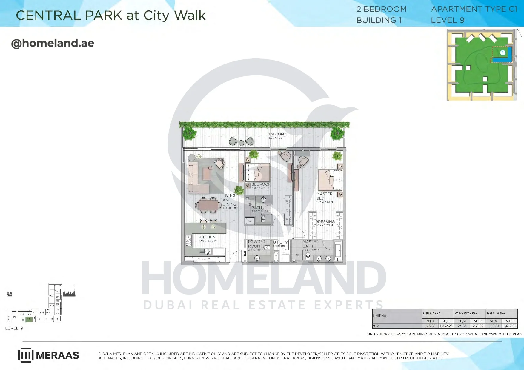 Central Park, Building 1, 2BR, Type C1, Level 9, Unit 912, 1617 SQFT
