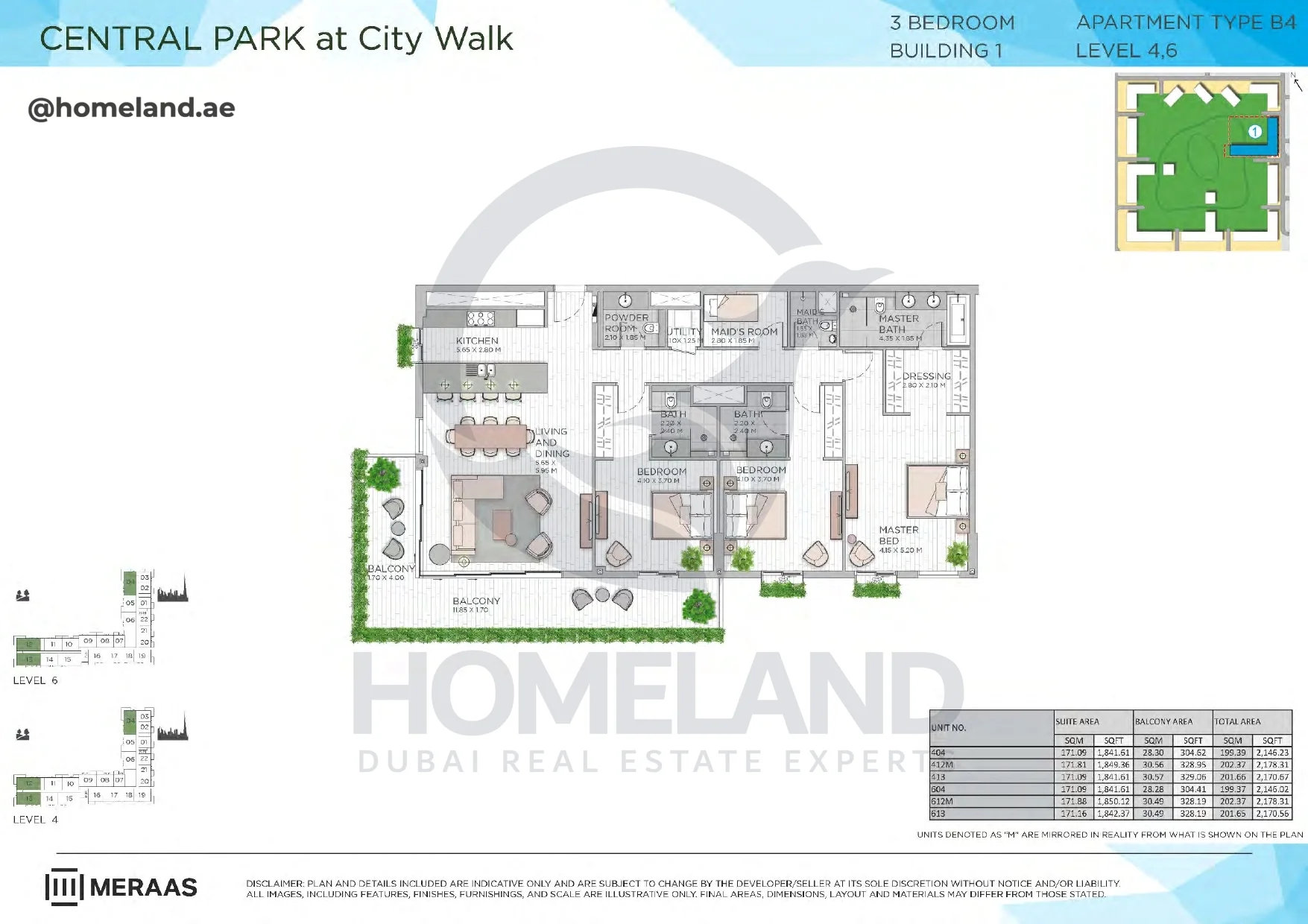 Central Park, Building 1, 3BR, Type B4, Level 4-6, Unit 404-412M-413-604-612M-613, 2178 SQFT