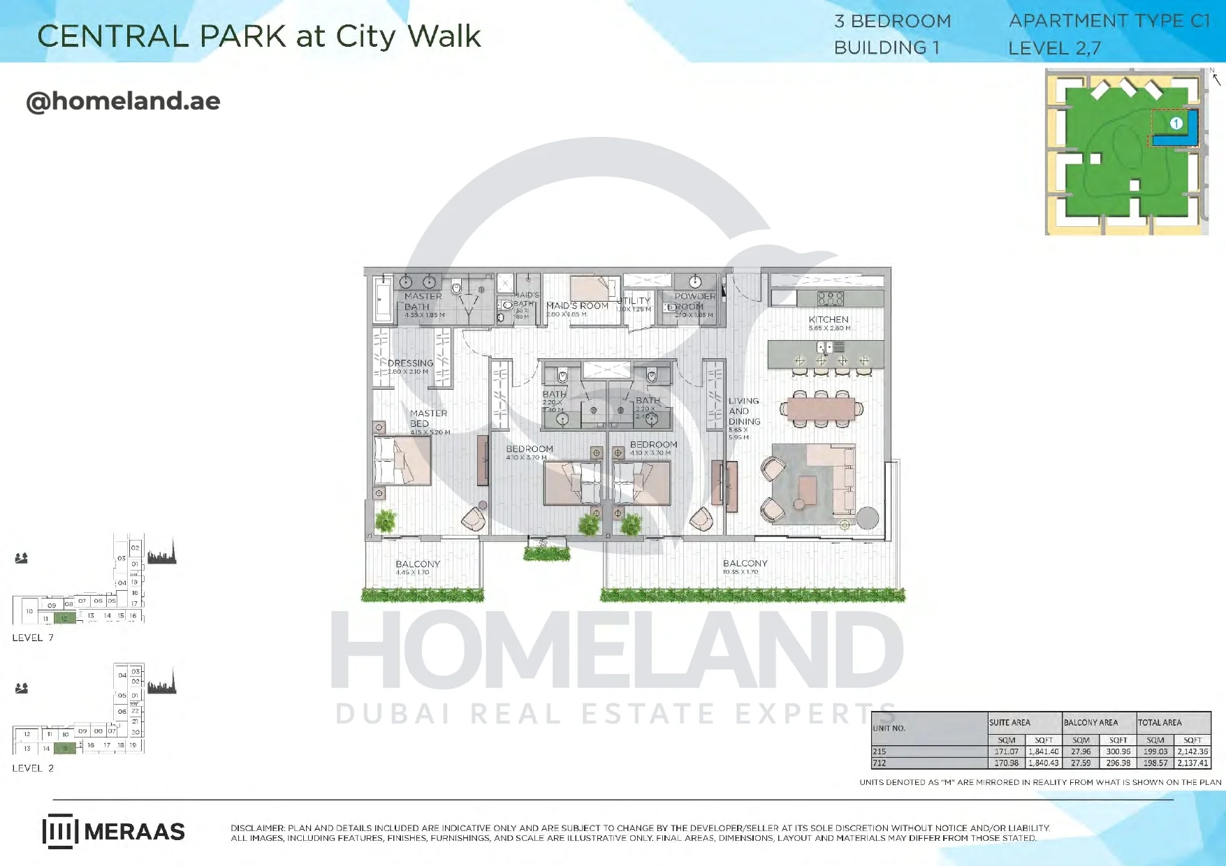 Central Park, Building 1, 3BR, Type C1, Level 2-7, Unit 215-712, 2142 SQFT