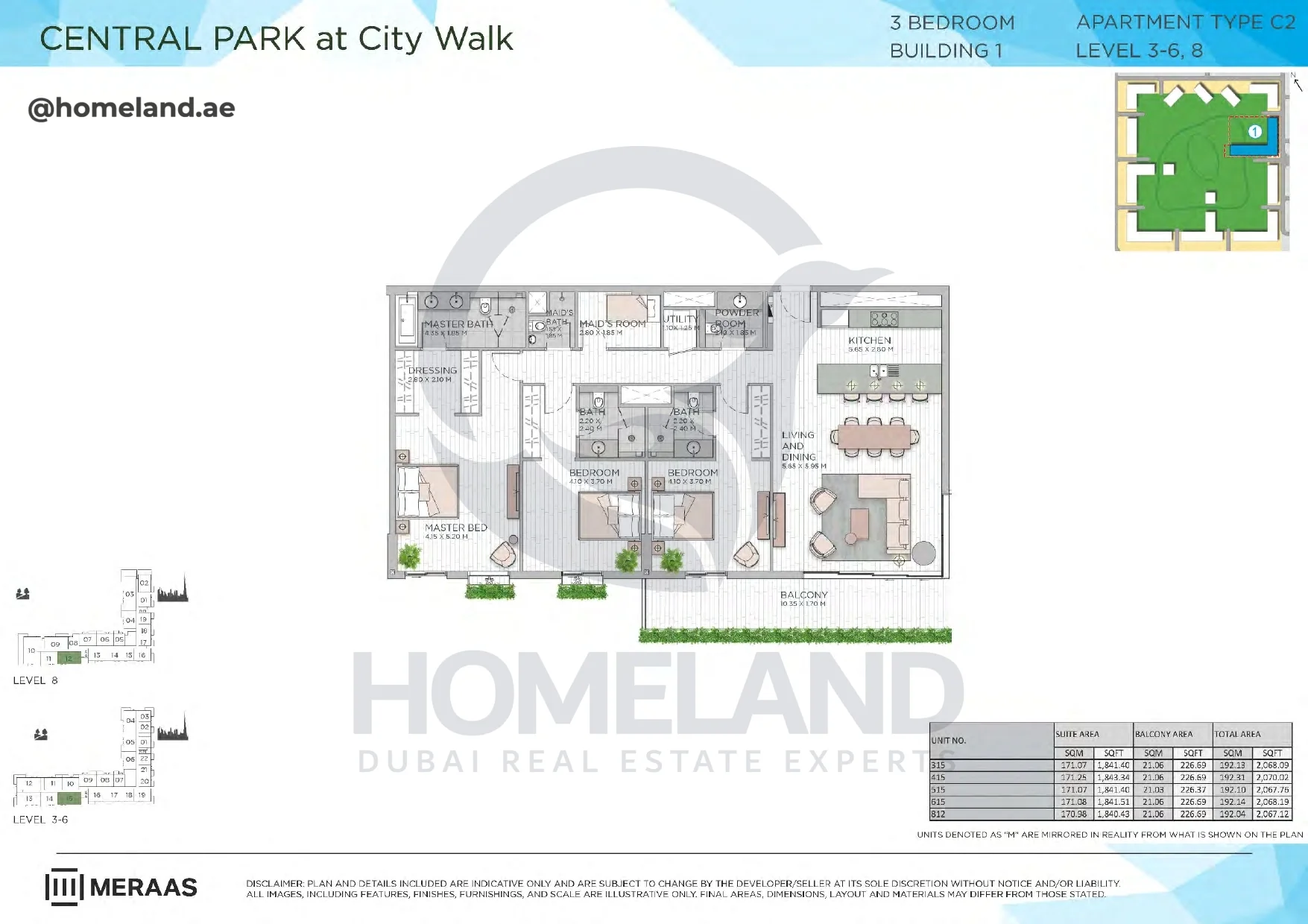 Central Park, Building 1, 3BR, Type C2, Level 3 to 6-8, Unit 315-415-515-615-812, 2070 SQFT
