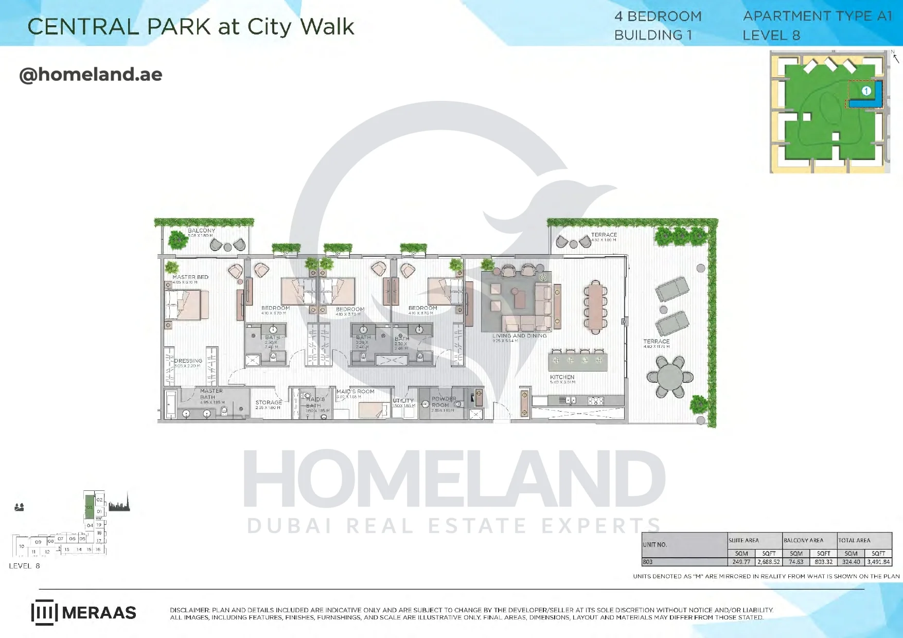 Central Park, Building 1, 4BR, Type A1, Level 8, Unit 803, 3491 SQFT