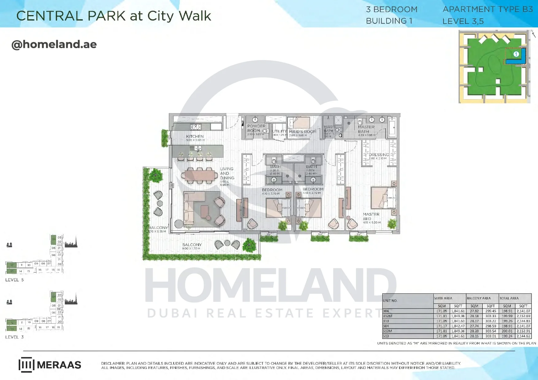 Central Park, Building 1, 3BR, Type B3, Level 3-5, Unit 304-312M-313-504-512M-513, 2152 SQFT