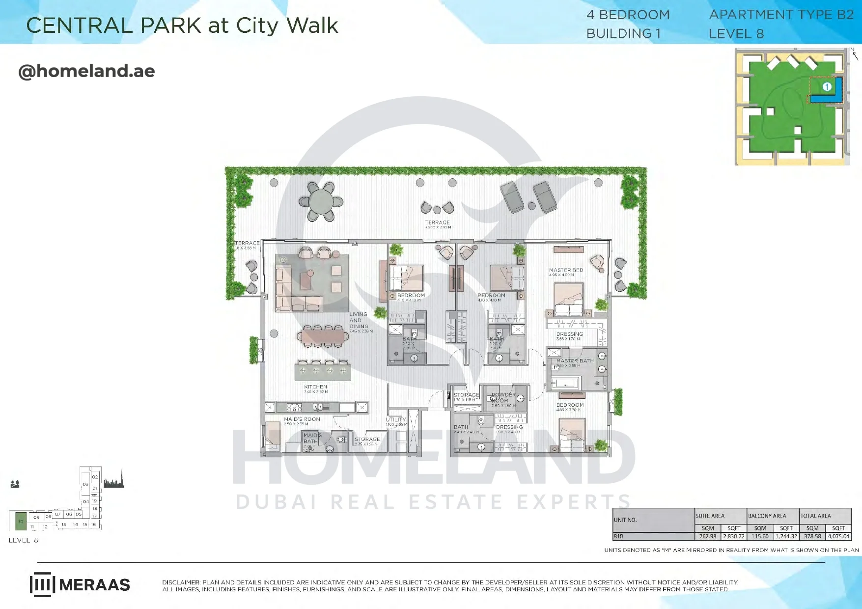 Central Park, Building 1, 4BR, Type B2, Level 8, Unit 810, 4075 SQFT