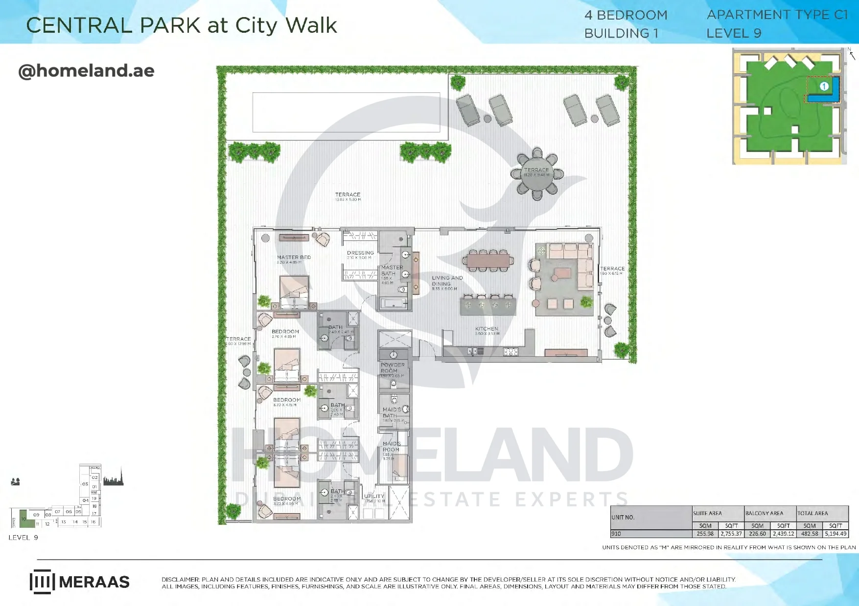 Central Park, Building 1, 4BR, Type C1, Level 9, Unit 910, 5194 SQFT