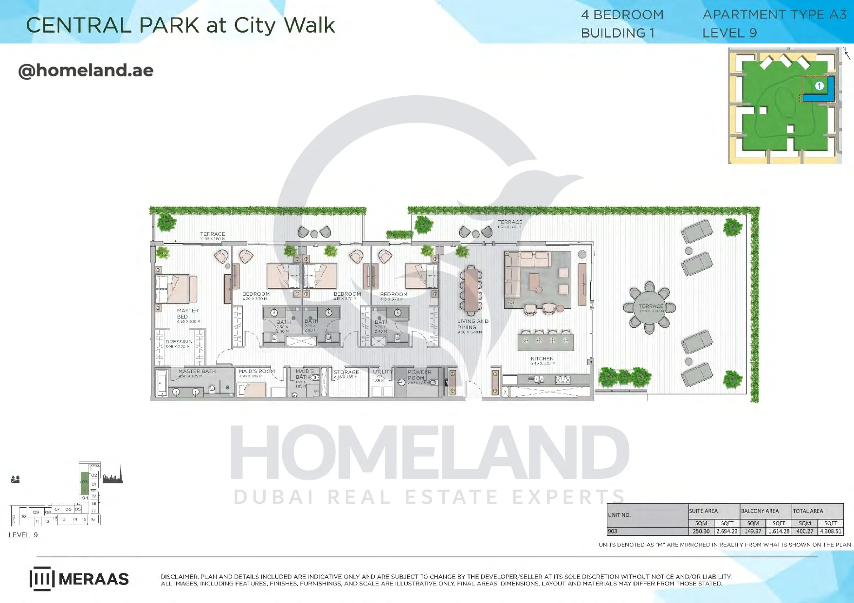 Central Park, Building 1, 4BR, Type A3, Level 9, Unit 903, 4308 SQFT