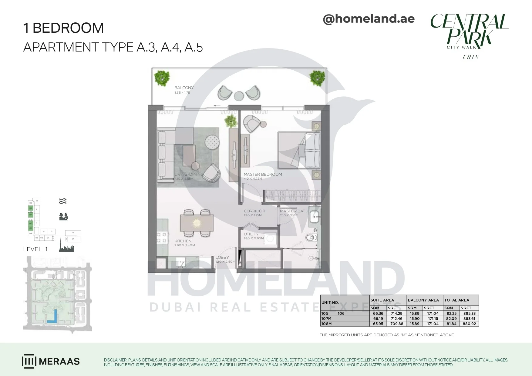 Erin, 1BR, Type A.3-A.4-A.5, Level 1, Unit 105-106-107M-108M, 885 SQFT