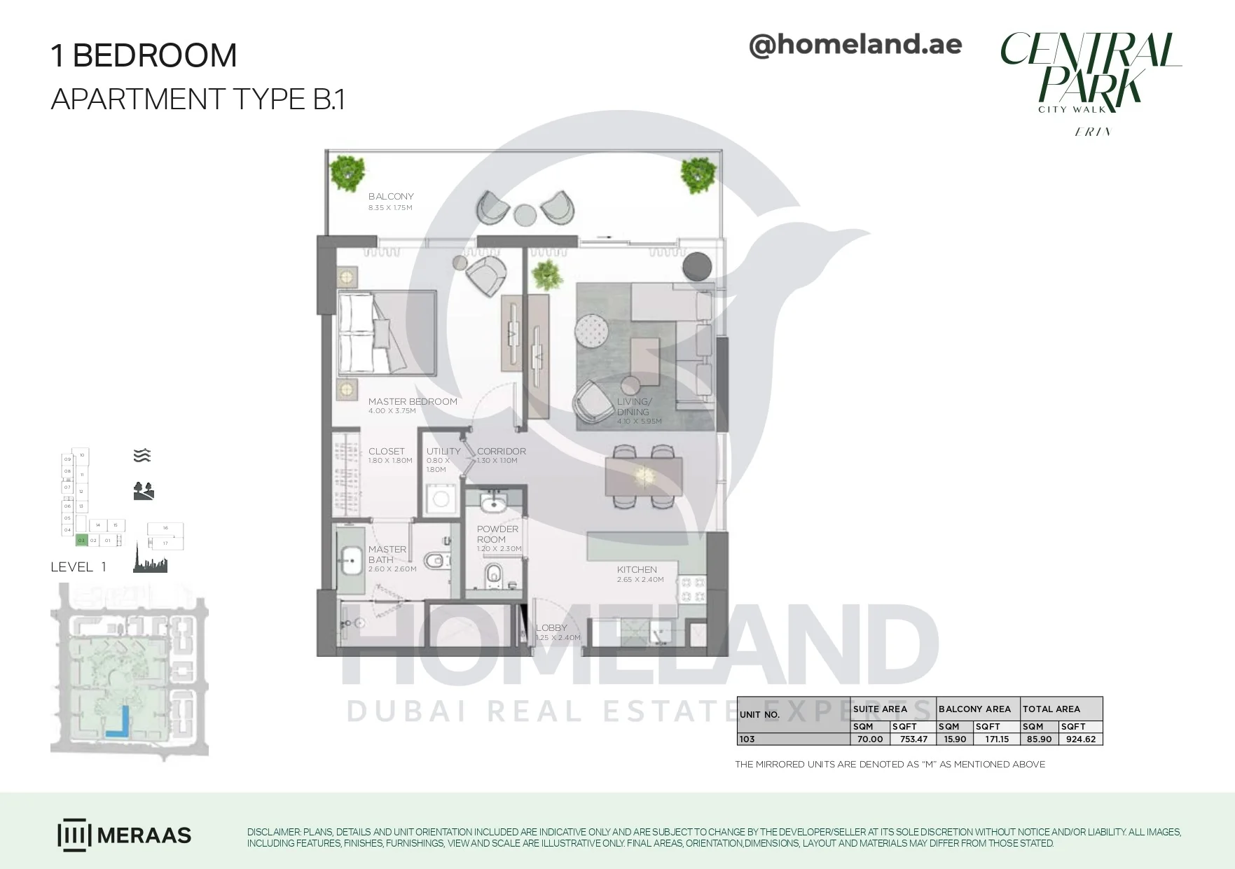 Erin, 1BR, Type B.1, Level 1, Unit 103, 924 SQFT