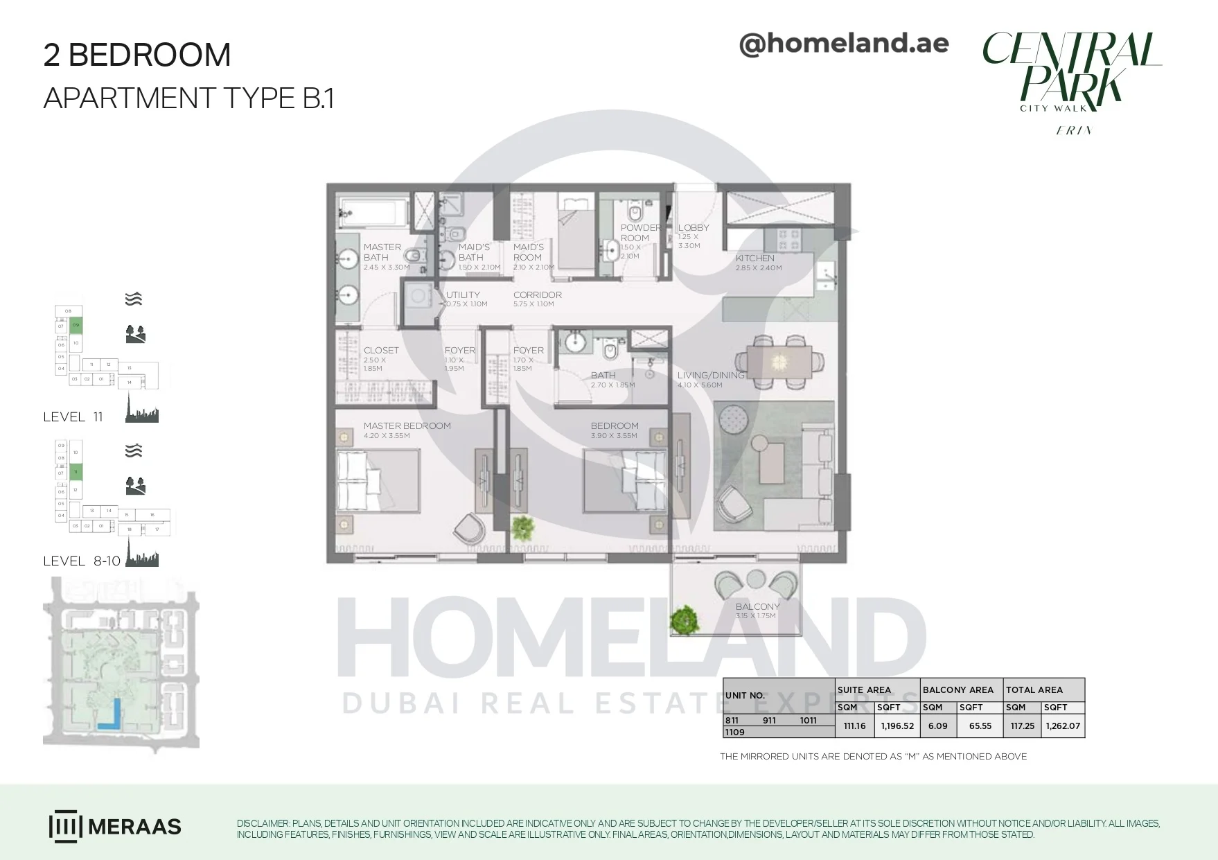 Erin, 2BR, Type B.1, Level 8 to 11, Unit 811-911-1011-1109, 1262 SQFT