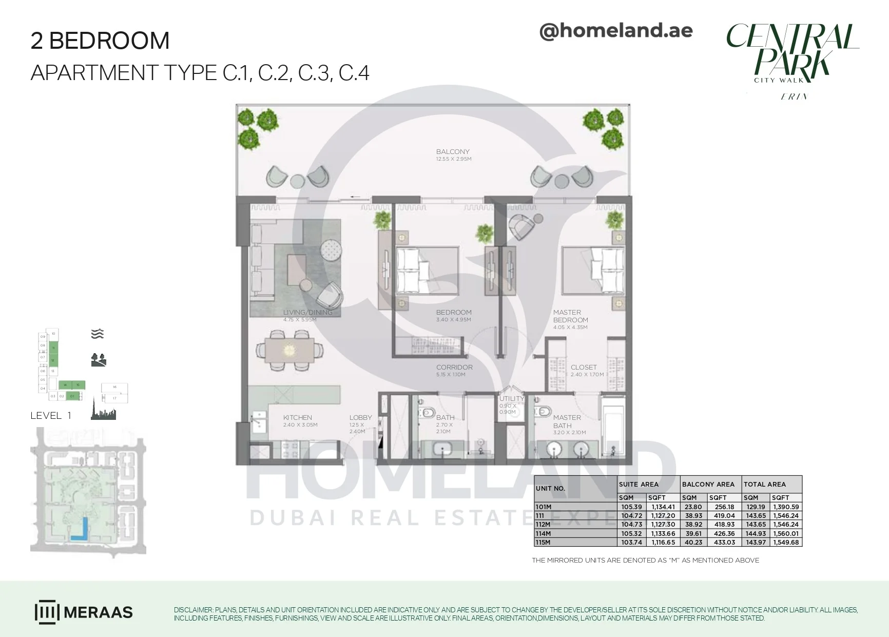 Erin, 2BR, Type C.1-C.2-C.3-C.4, Level 1, Unit 101M-111-112M-114M-115M, 1560 SQFT